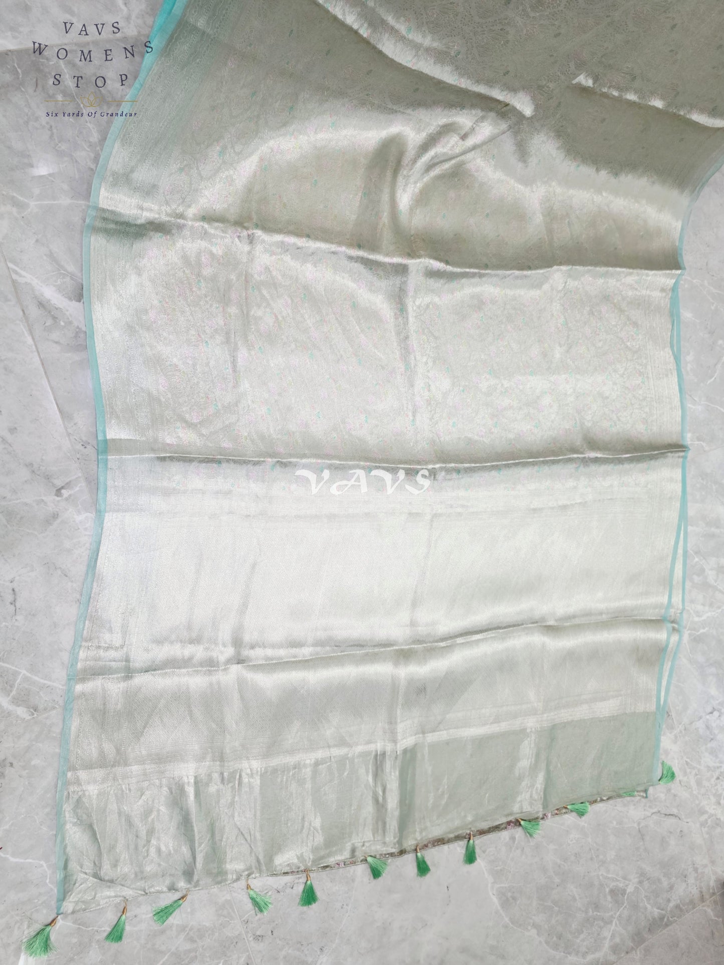 Moonlit Silver & Icy Mint Benarasi Brocade Style Tissue Saree with Stitched Blouse Size 40–46