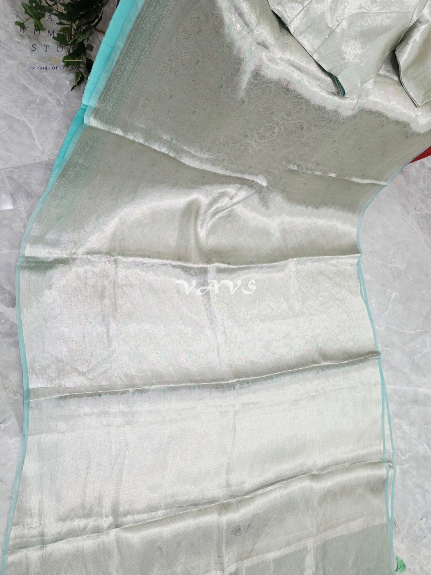 Moonlit Silver & Icy Mint Benarasi Brocade Style Tissue Saree with Stitched Blouse Size 40–46