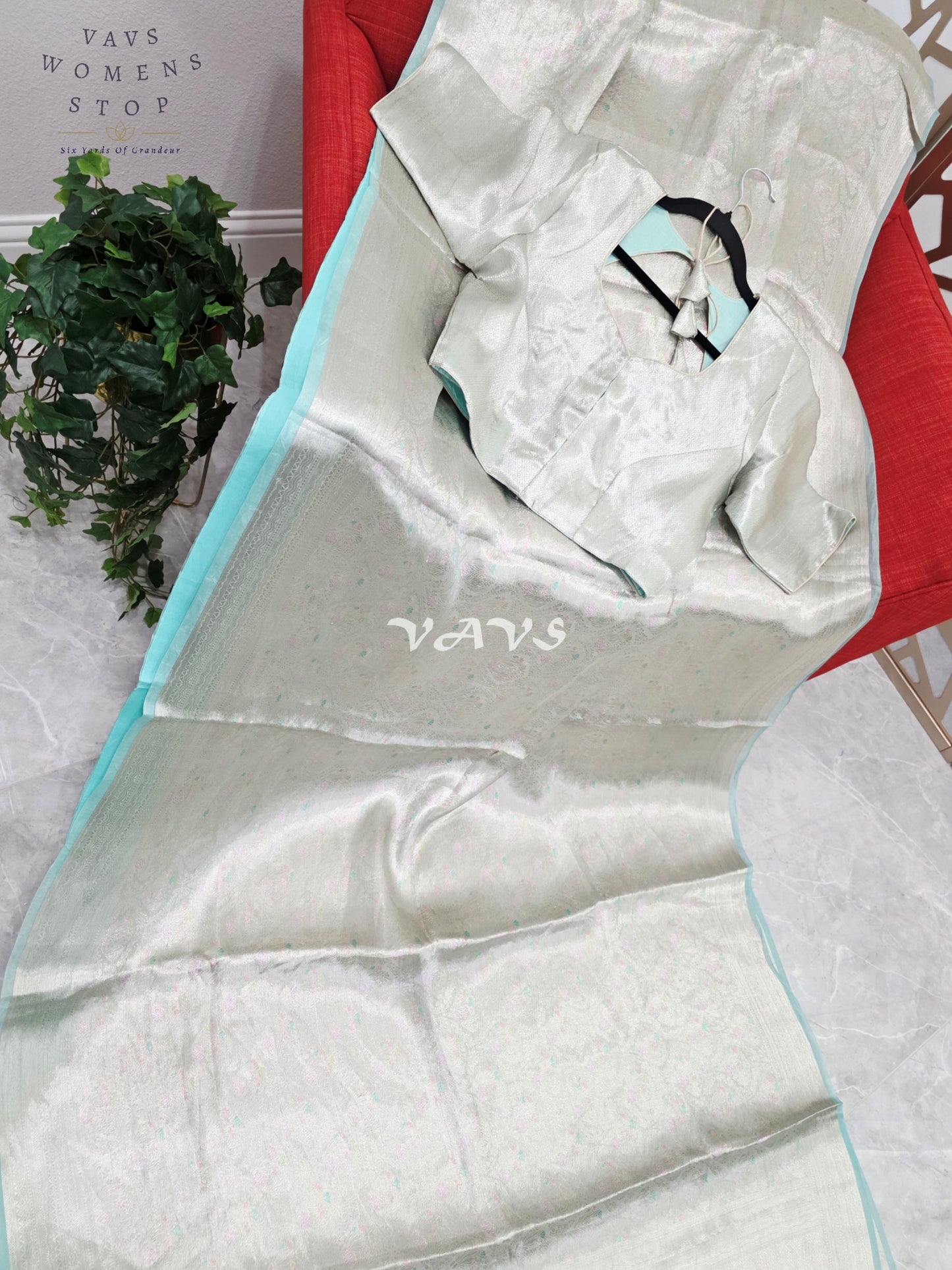 Moonlit Silver & Icy Mint Benarasi Brocade Style Tissue Saree with Stitched Blouse Size 40–46