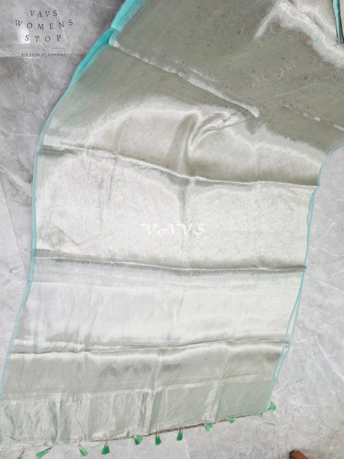 Moonlit Silver & Icy Mint Benarasi Brocade Style Tissue Saree with Stitched Blouse Size 40–46