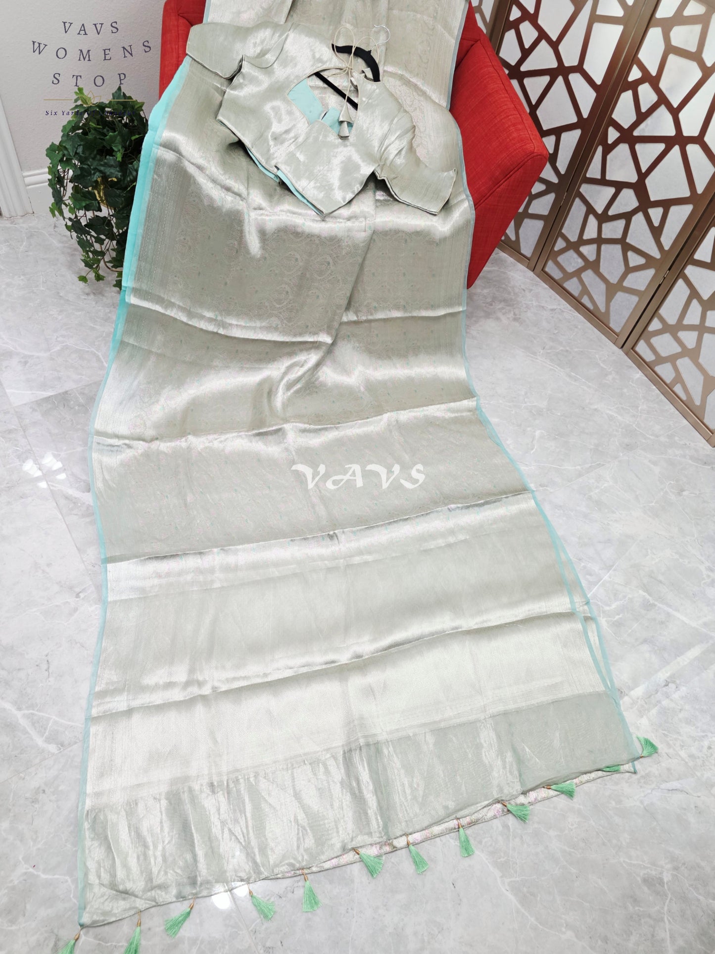 Moonlit Silver & Icy Mint Benarasi Brocade Style Tissue Saree with Stitched Blouse Size 40–46