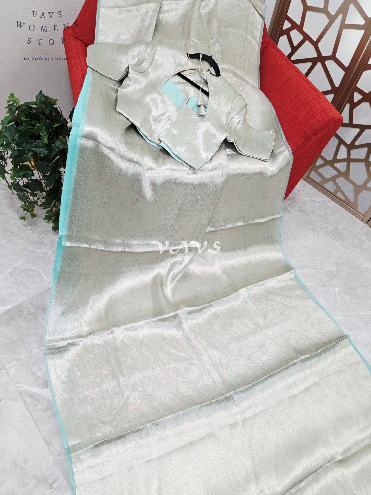 Moonlit Silver & Icy Mint Benarasi Brocade Style Tissue Saree with Stitched Blouse Size 40–46