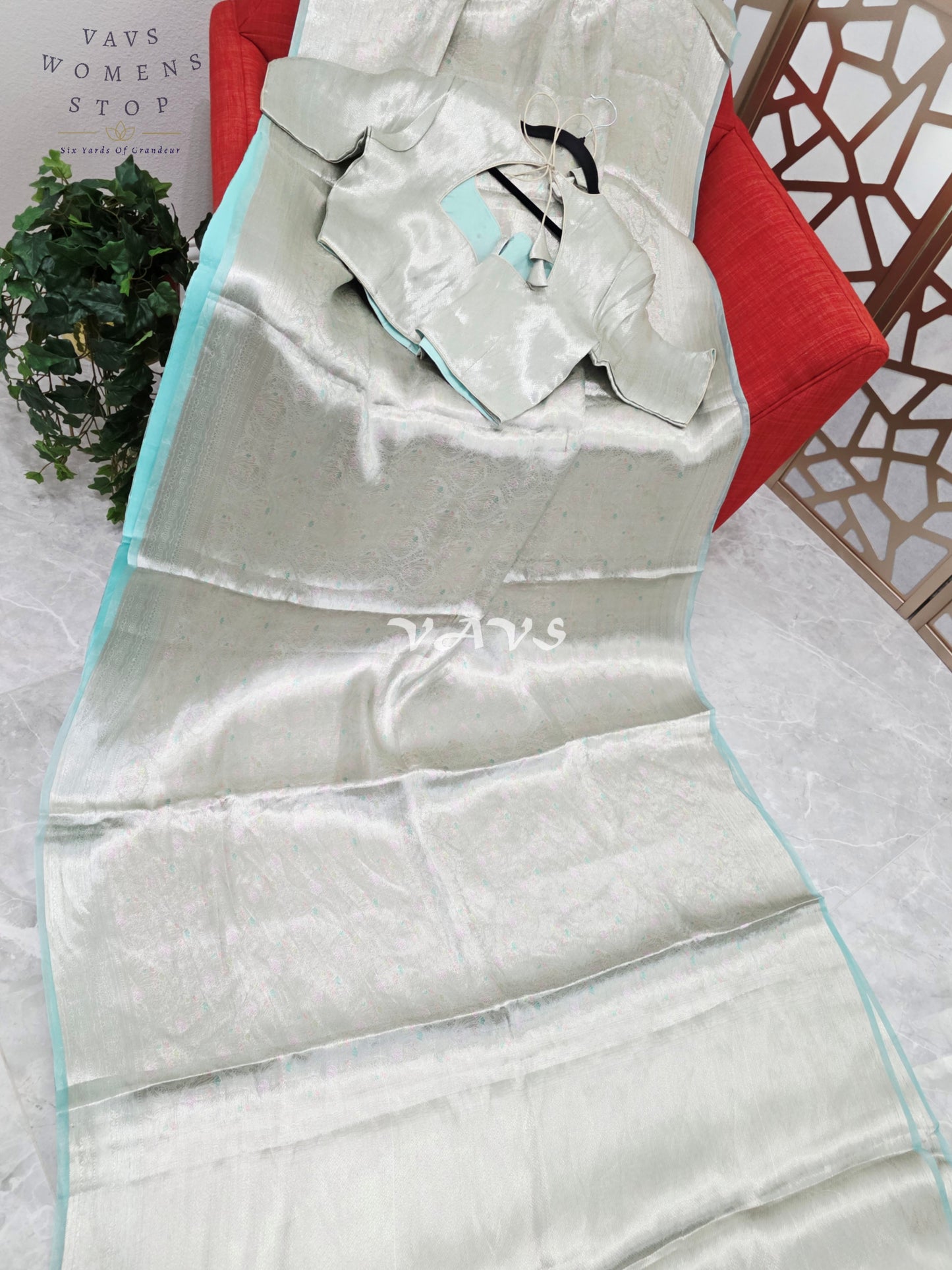 Moonlit Silver & Icy Mint Benarasi Brocade Style Tissue Saree with Stitched Blouse Size 40–46