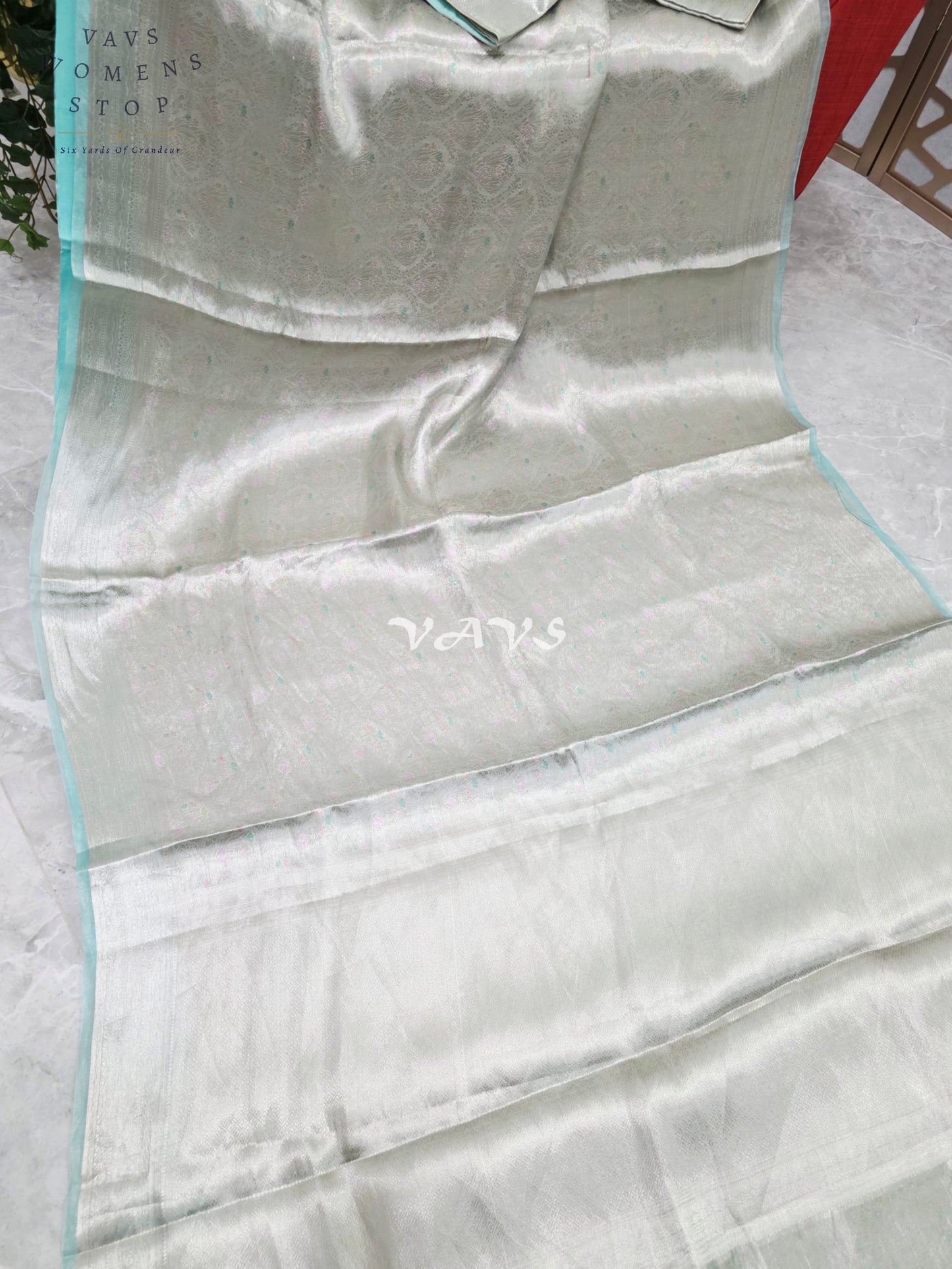 Moonlit Silver & Icy Mint Benarasi Brocade Style Tissue Saree with Stitched Blouse Size 40–46