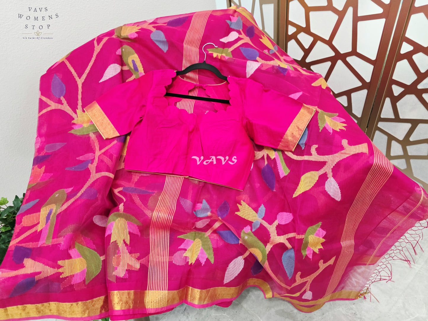 Royal Fuchsia Pure Muslin Silk Jamdani Saree with Multicolor Bird & Floral Motifs and Stitched Blouse Size 36–42
