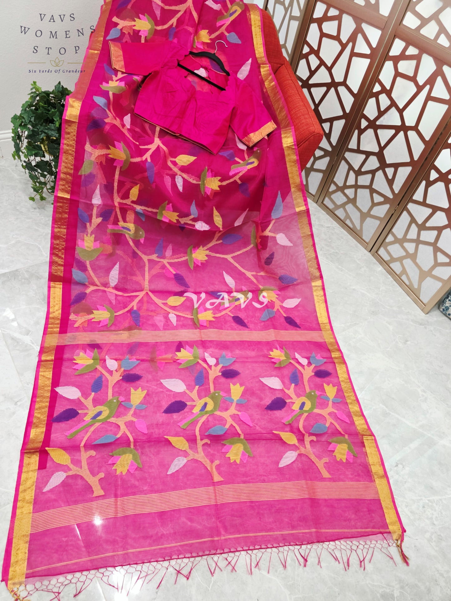Royal Fuchsia Pure Muslin Silk Jamdani Saree with Multicolor Bird & Floral Motifs and Stitched Blouse Size 36–42