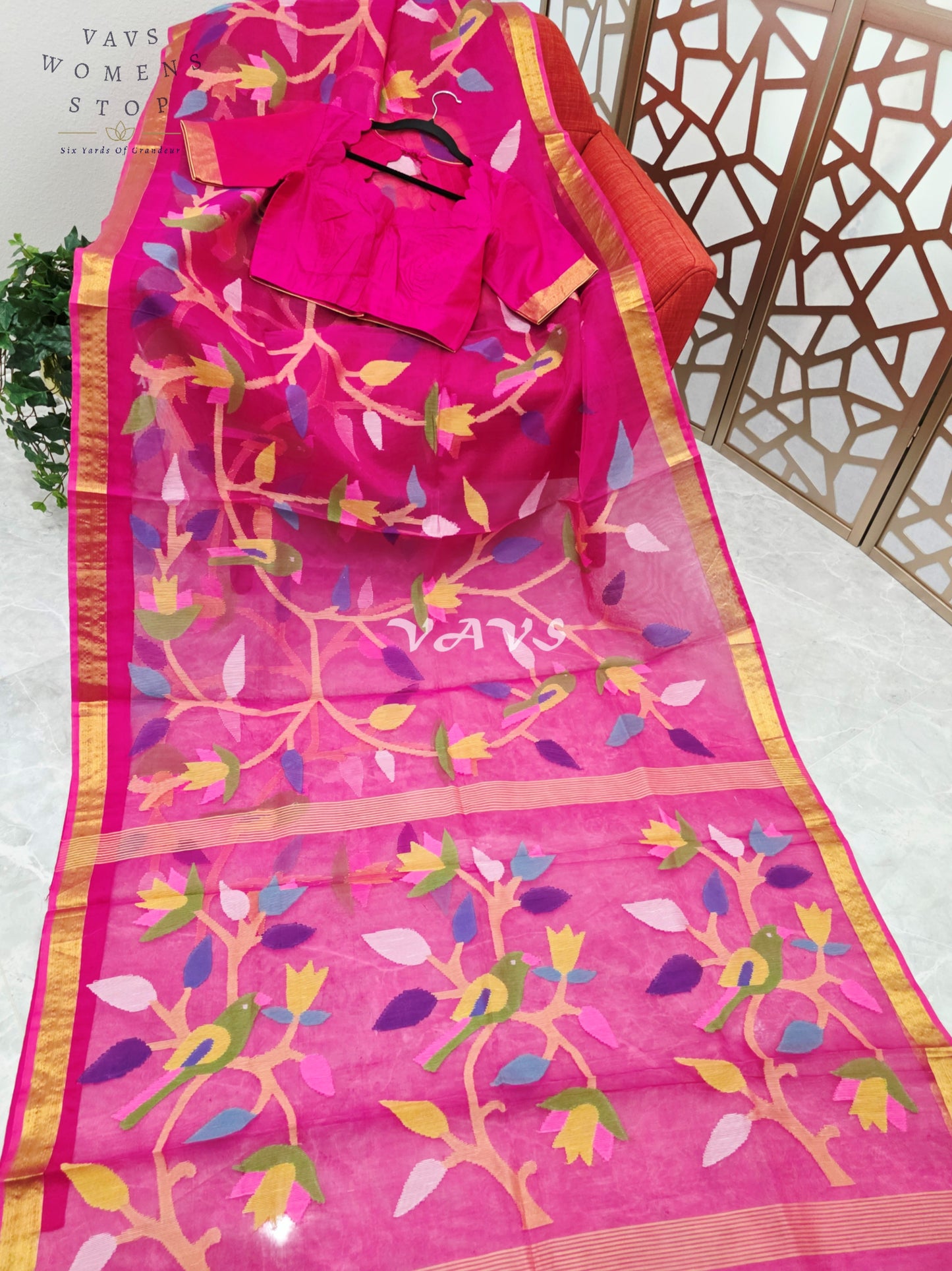 Royal Fuchsia Pure Muslin Silk Jamdani Saree with Multicolor Bird & Floral Motifs and Stitched Blouse Size 36–42