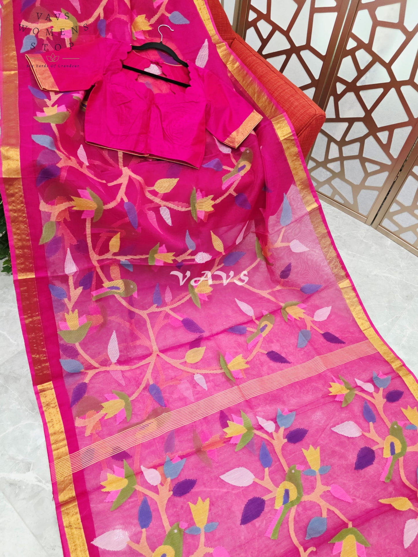 Royal Fuchsia Pure Muslin Silk Jamdani Saree with Multicolor Bird & Floral Motifs and Stitched Blouse Size 36–42