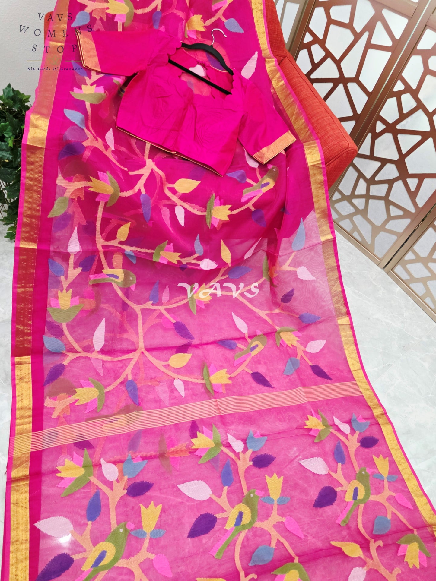 Royal Fuchsia Pure Muslin Silk Jamdani Saree with Multicolor Bird & Floral Motifs and Stitched Blouse Size 36–42
