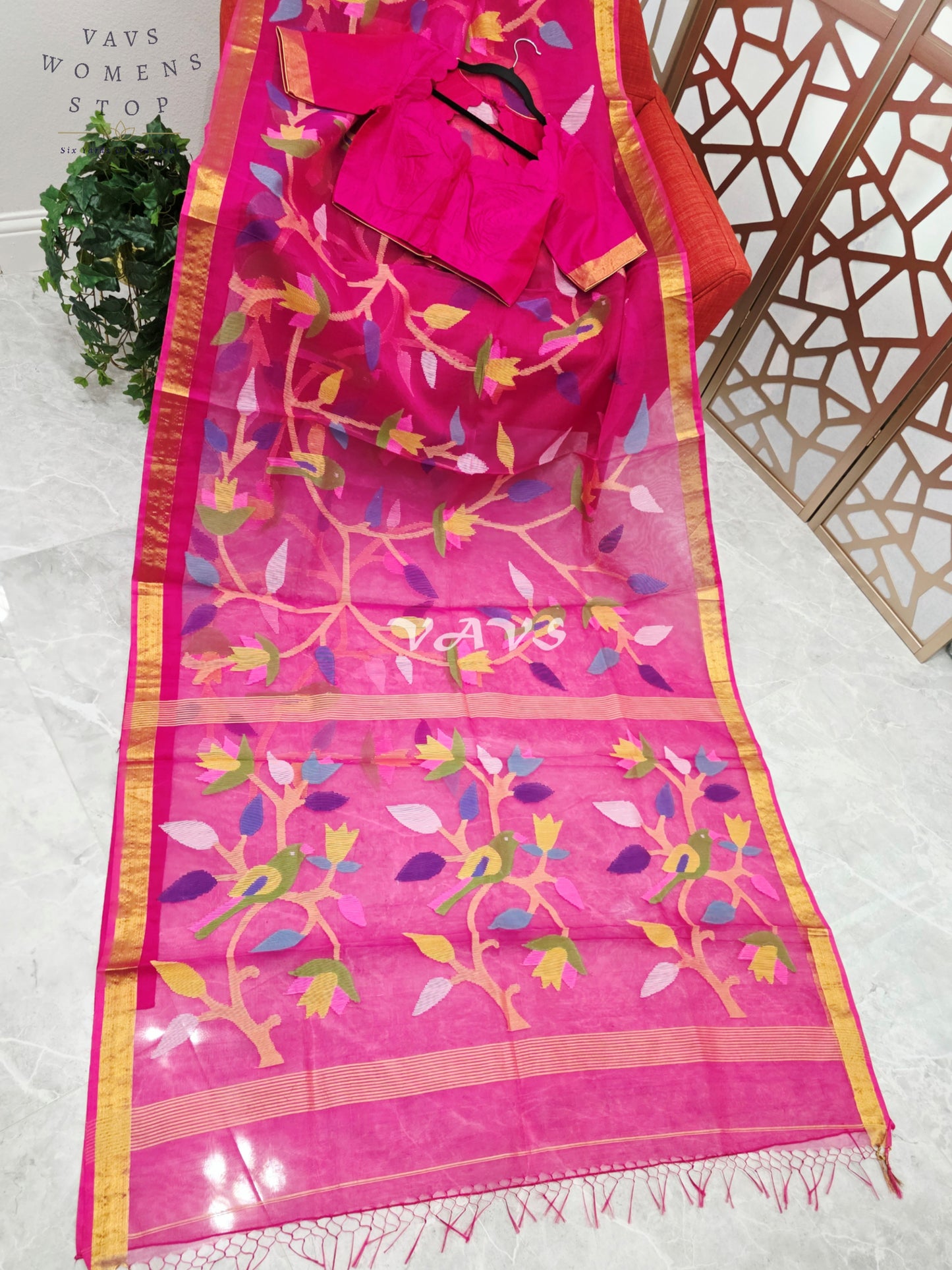 Royal Fuchsia Pure Muslin Silk Jamdani Saree with Multicolor Bird & Floral Motifs and Stitched Blouse Size 36–42