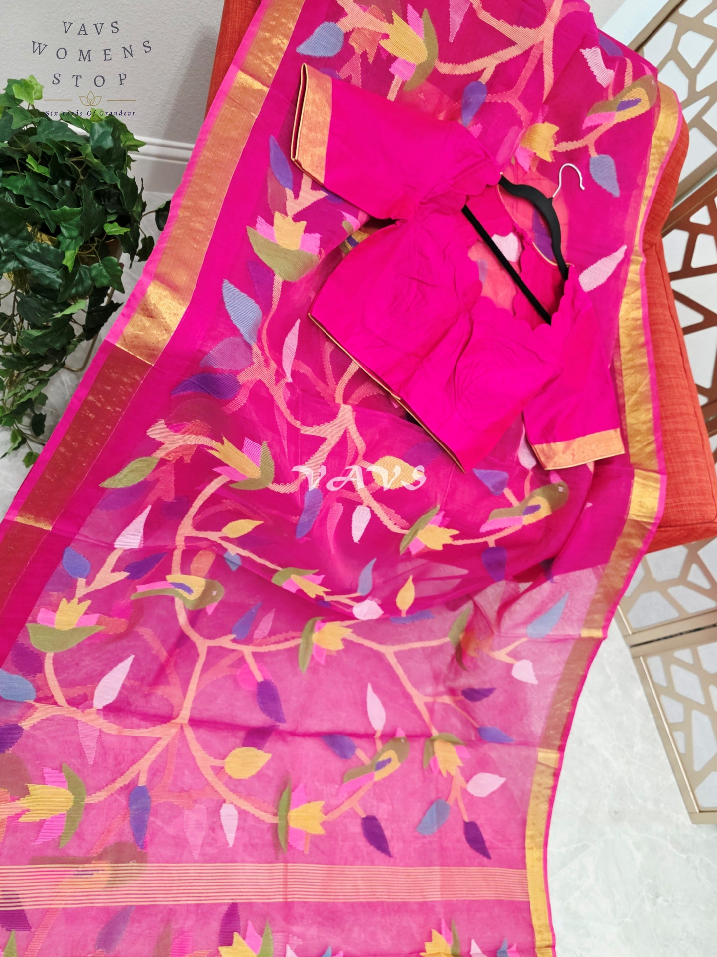 Royal Fuchsia Pure Muslin Silk Jamdani Saree with Multicolor Bird & Floral Motifs and Stitched Blouse Size 36–42