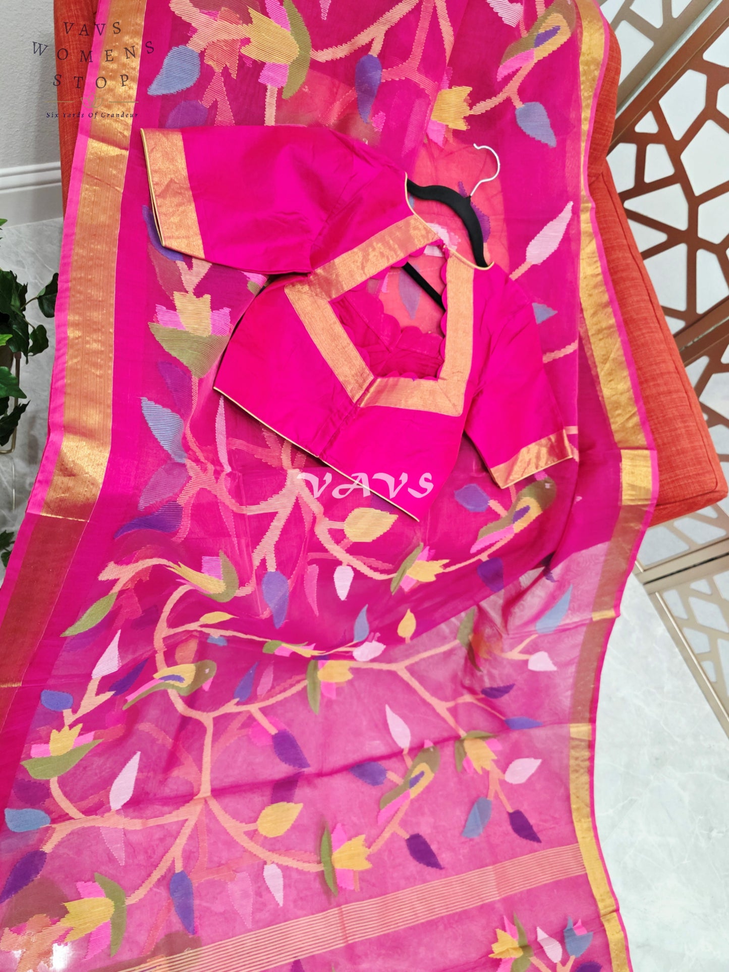Royal Fuchsia Pure Muslin Silk Jamdani Saree with Multicolor Bird & Floral Motifs and Stitched Blouse Size 36–42