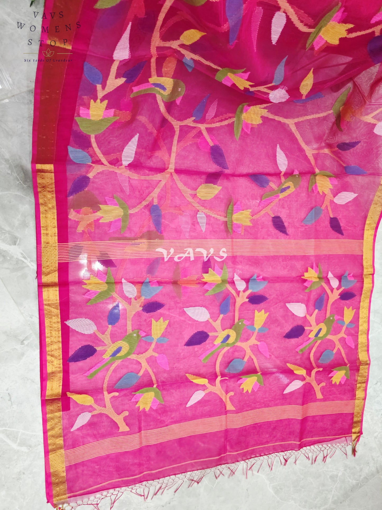 Royal Fuchsia Pure Muslin Silk Jamdani Saree with Multicolor Bird & Floral Motifs and Stitched Blouse Size 36–42