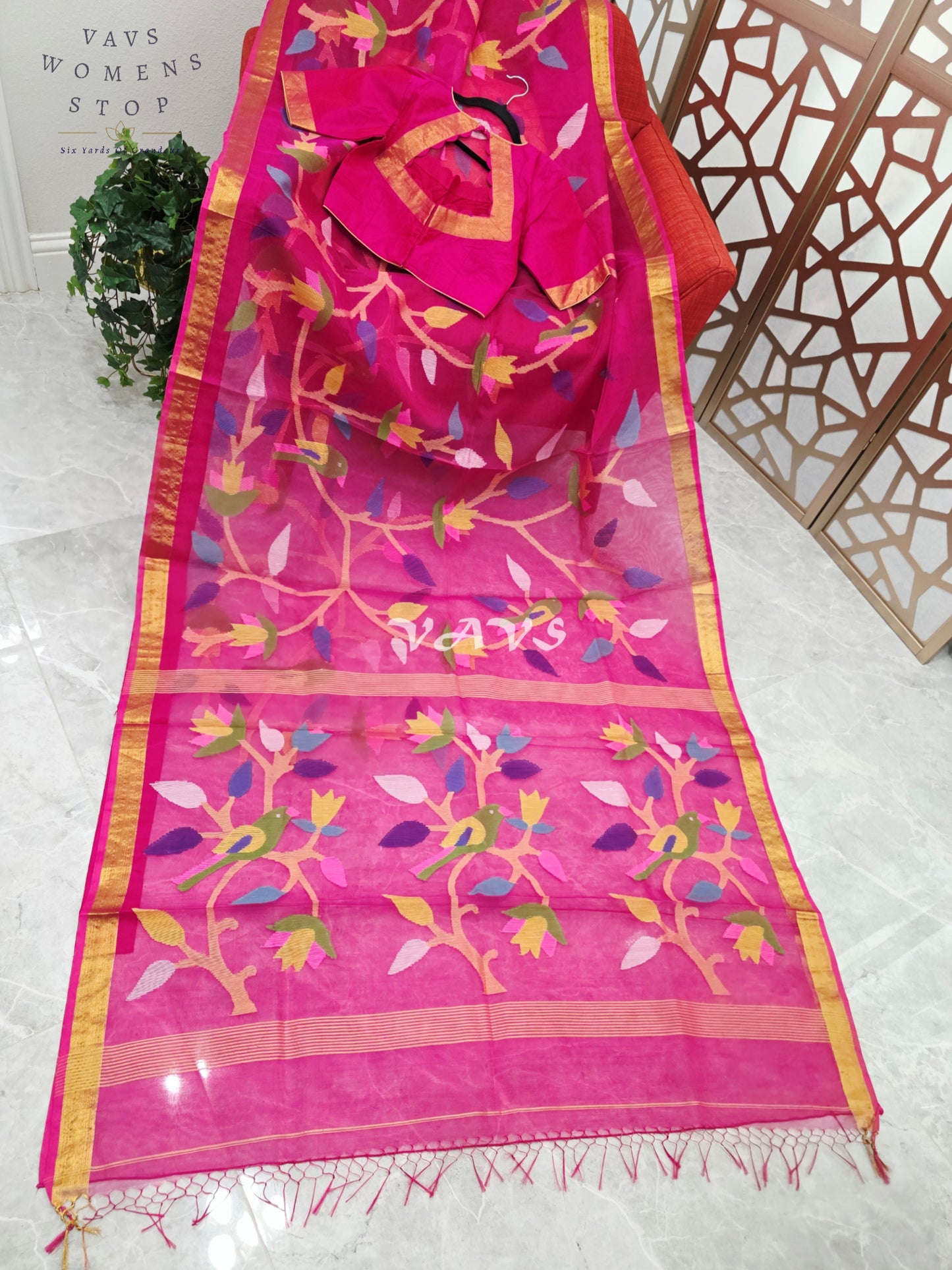 Royal Fuchsia Pure Muslin Silk Jamdani Saree with Multicolor Bird & Floral Motifs and Stitched Blouse Size 36–42