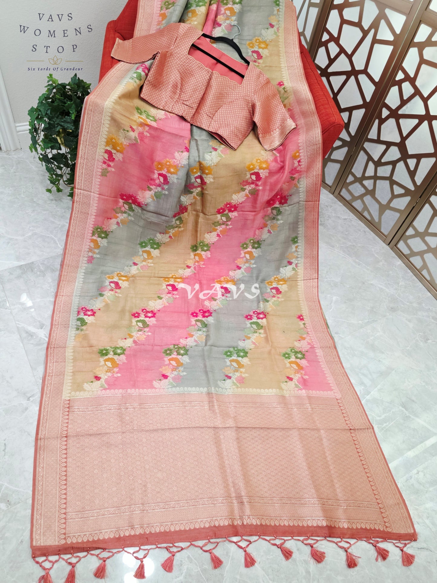 Blush Rose, Champagne & Silver Pure Munga Tussar Silk Floral Saree with Stitched Blouse Size 42–48