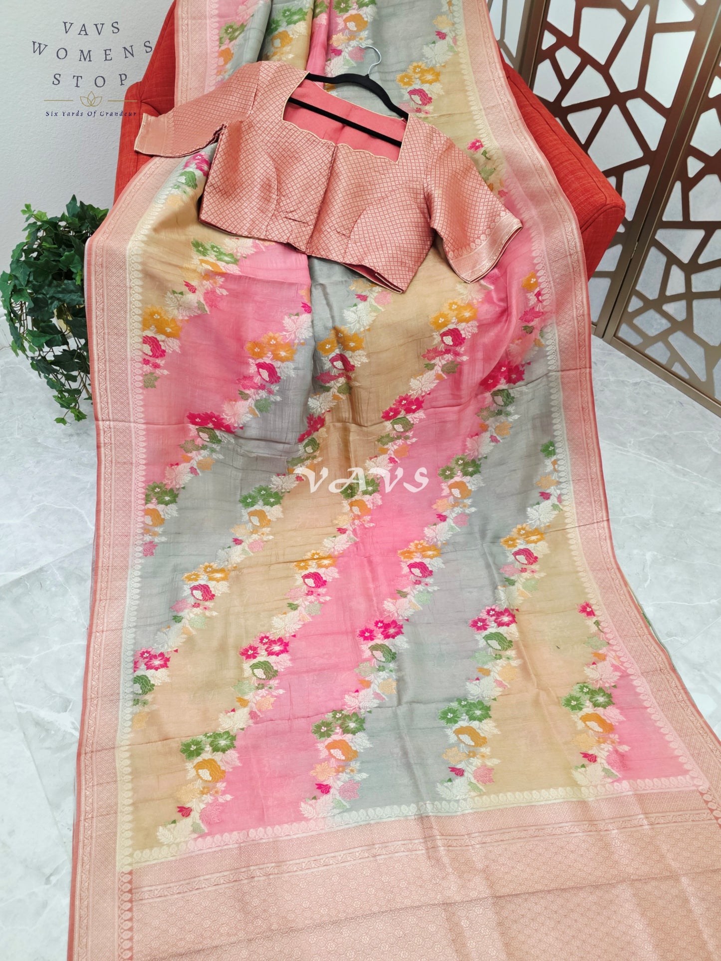 Blush Rose, Champagne & Silver Pure Munga Tussar Silk Floral Saree with Stitched Blouse Size 42–48