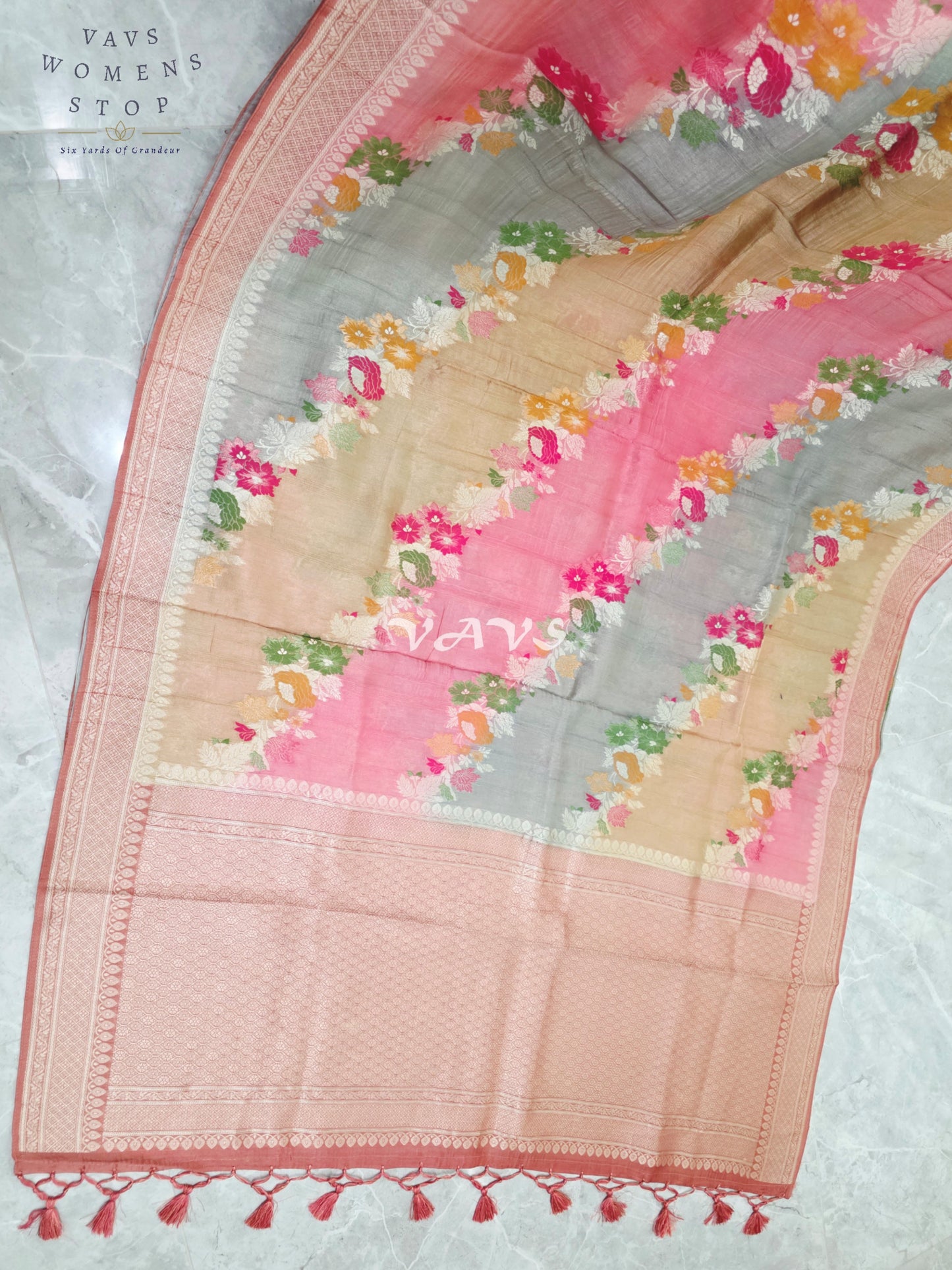 Blush Rose, Champagne & Silver Pure Munga Tussar Silk Floral Saree with Stitched Blouse Size 42–48