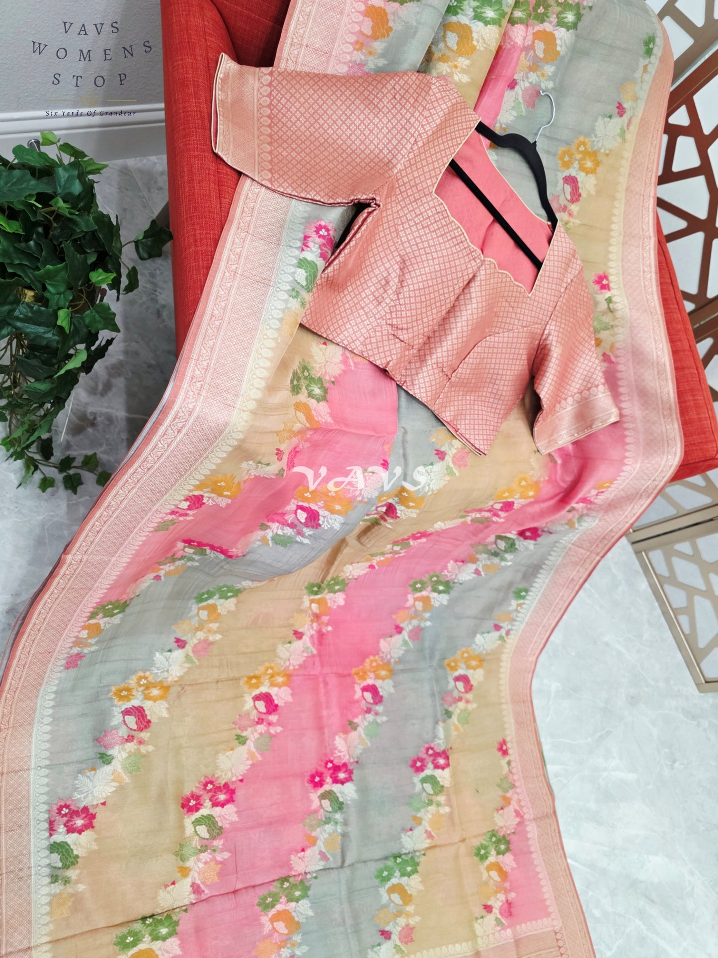 Blush Rose, Champagne & Silver Pure Munga Tussar Silk Floral Saree with Stitched Blouse Size 42–48