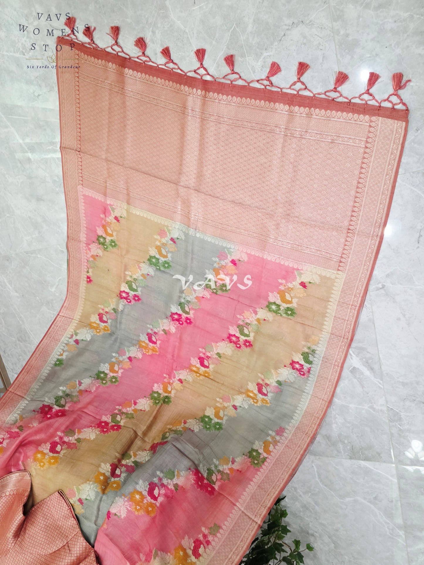 Blush Rose, Champagne & Silver Pure Munga Tussar Silk Floral Saree with Stitched Blouse Size 42–48