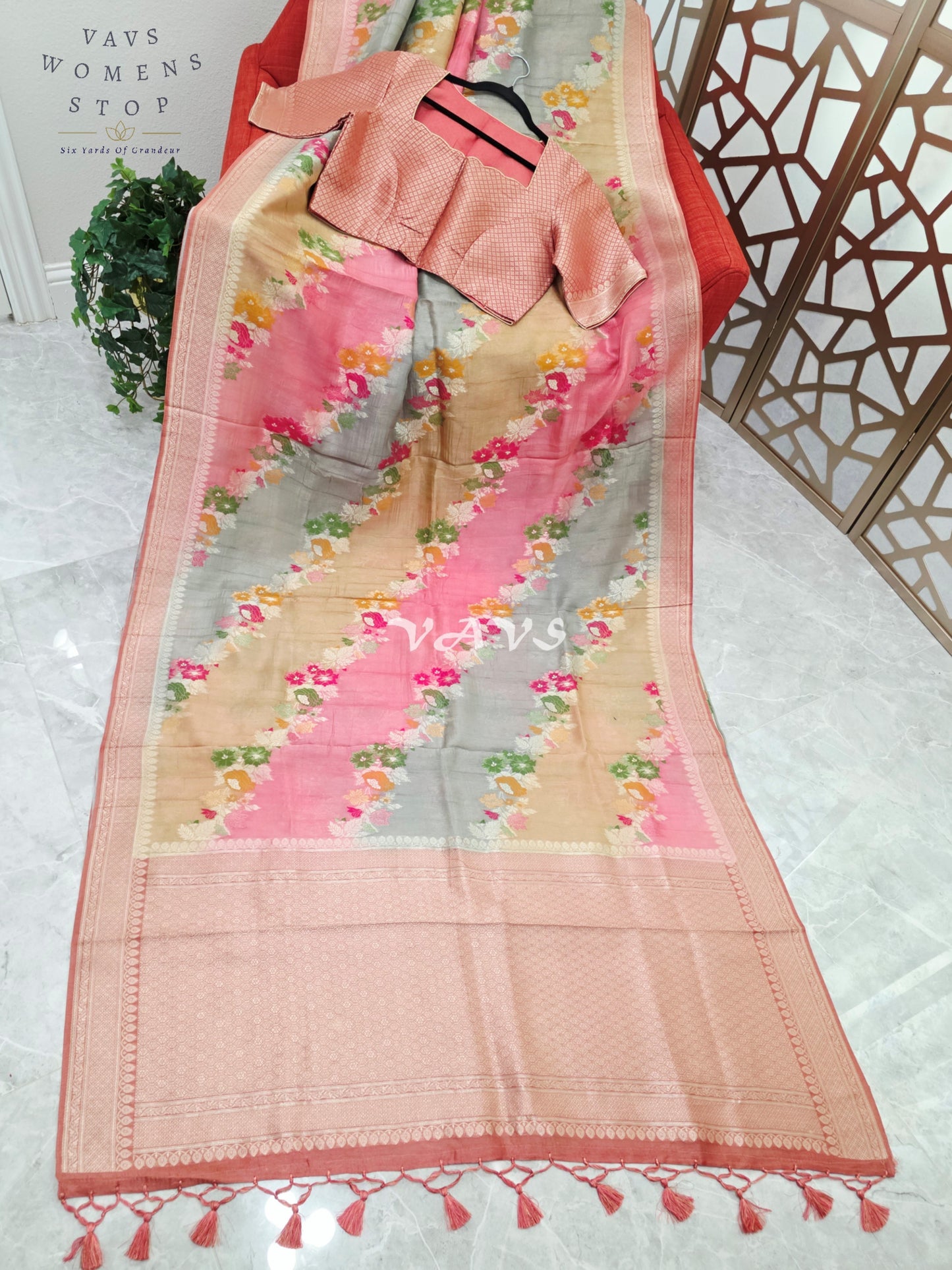 Blush Rose, Champagne & Silver Pure Munga Tussar Silk Floral Saree with Stitched Blouse Size 42–48