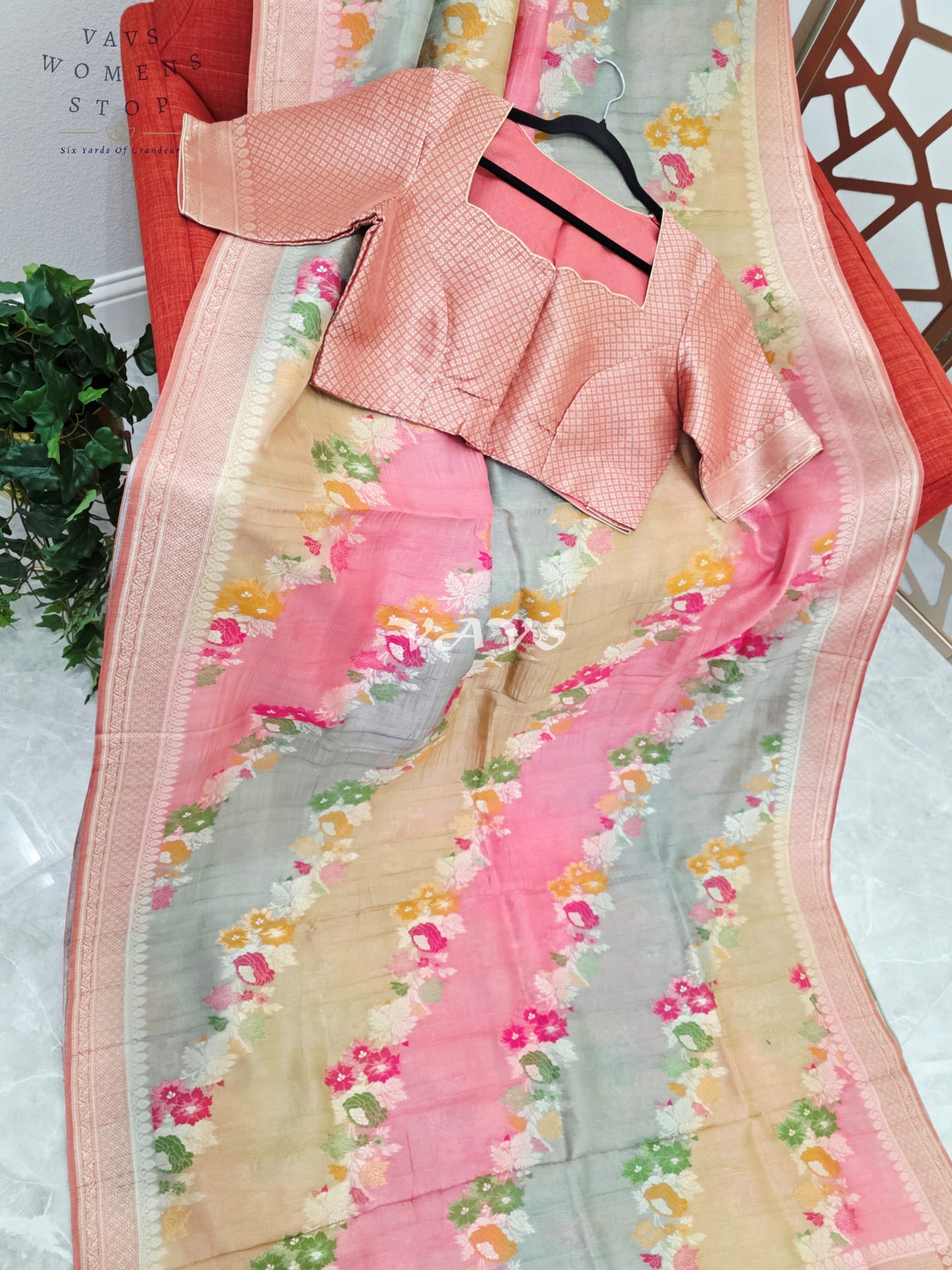 Blush Rose, Champagne & Silver Pure Munga Tussar Silk Floral Saree with Stitched Blouse Size 42–48
