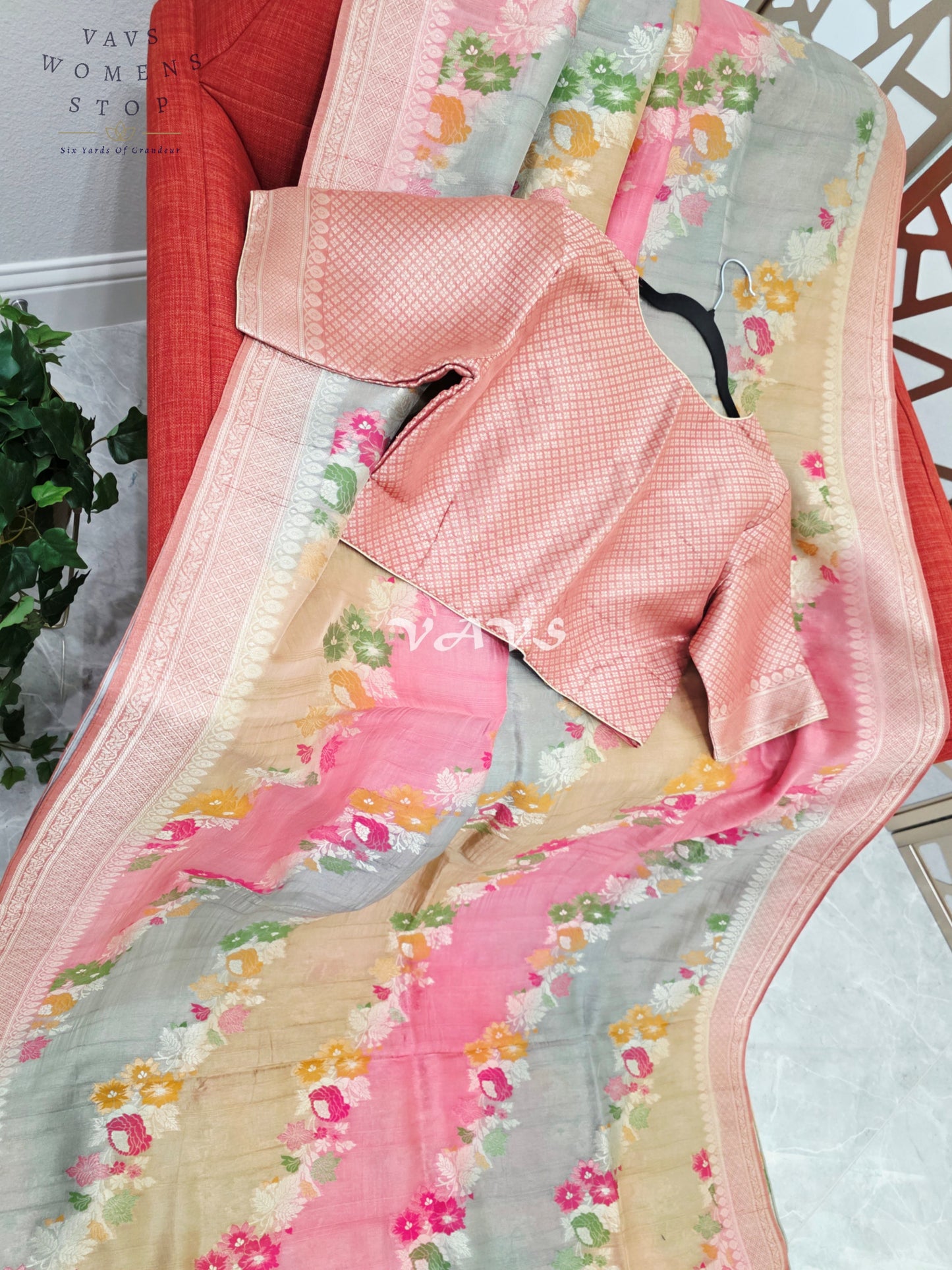 Blush Rose, Champagne & Silver Pure Munga Tussar Silk Floral Saree with Stitched Blouse Size 42–48