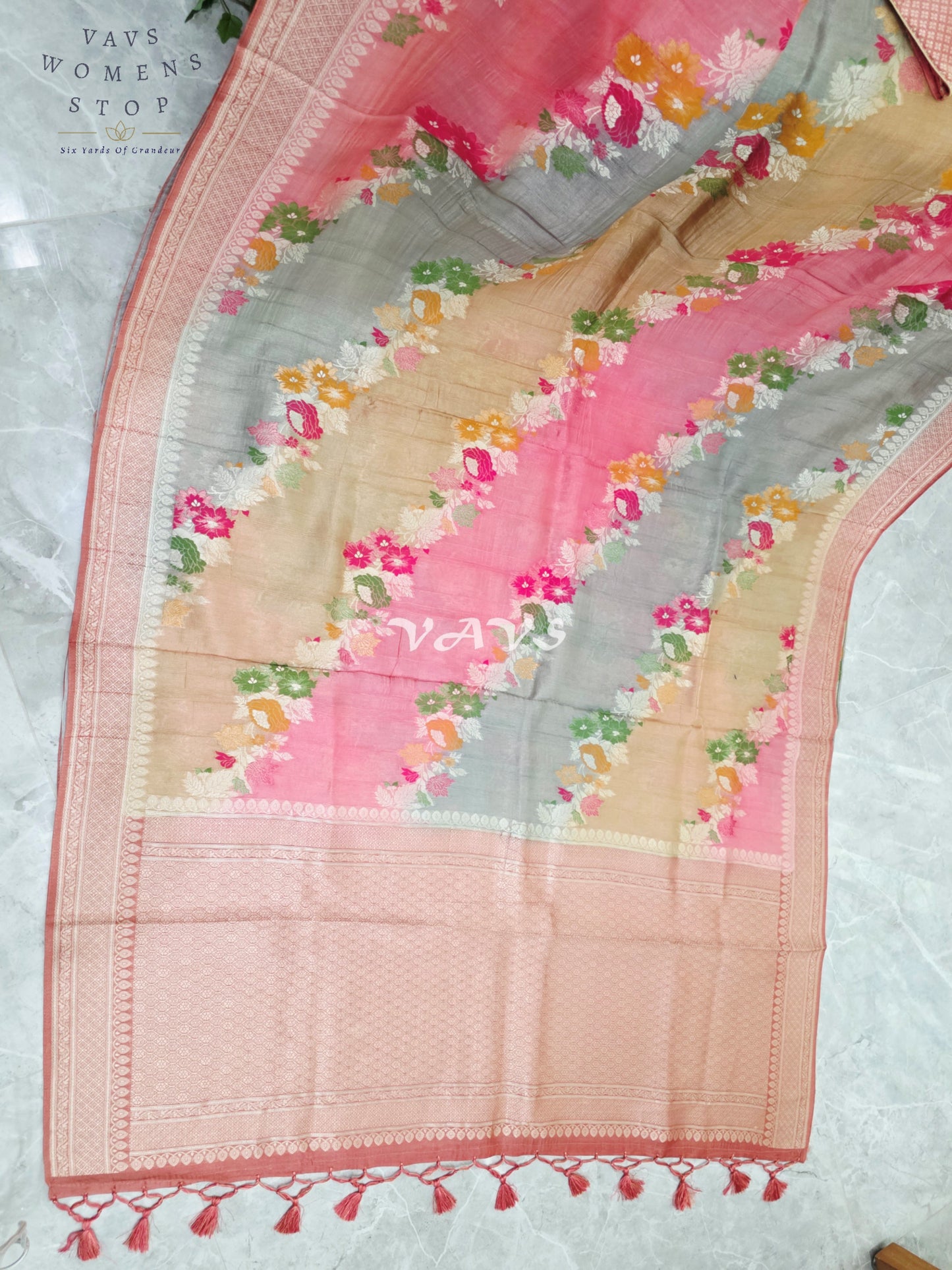 Blush Rose, Champagne & Silver Pure Munga Tussar Silk Floral Saree with Stitched Blouse Size 42–48