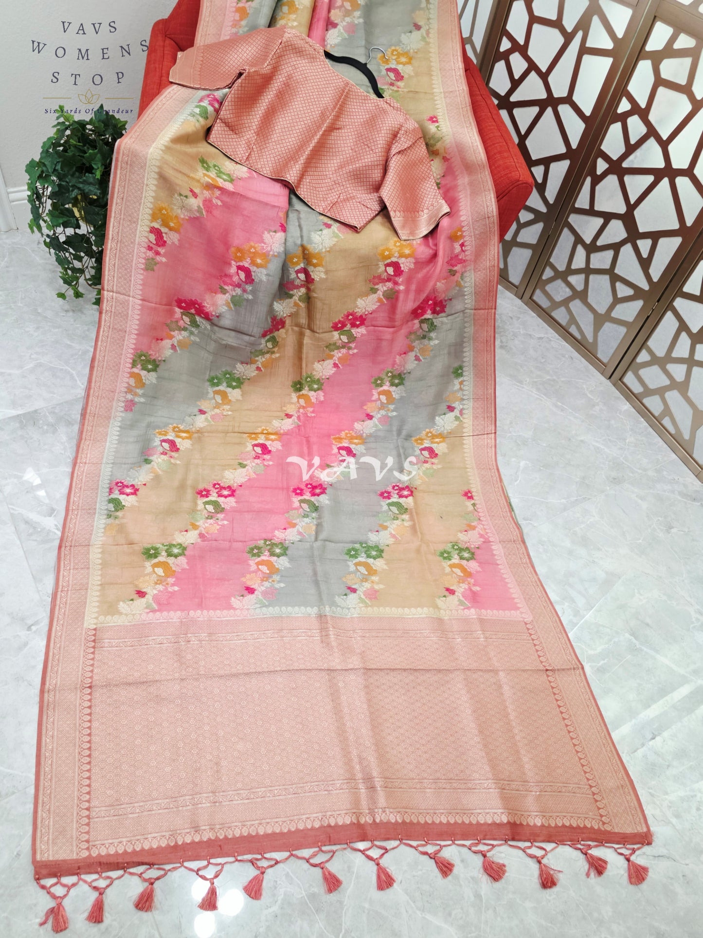 Blush Rose, Champagne & Silver Pure Munga Tussar Silk Floral Saree with Stitched Blouse Size 42–48