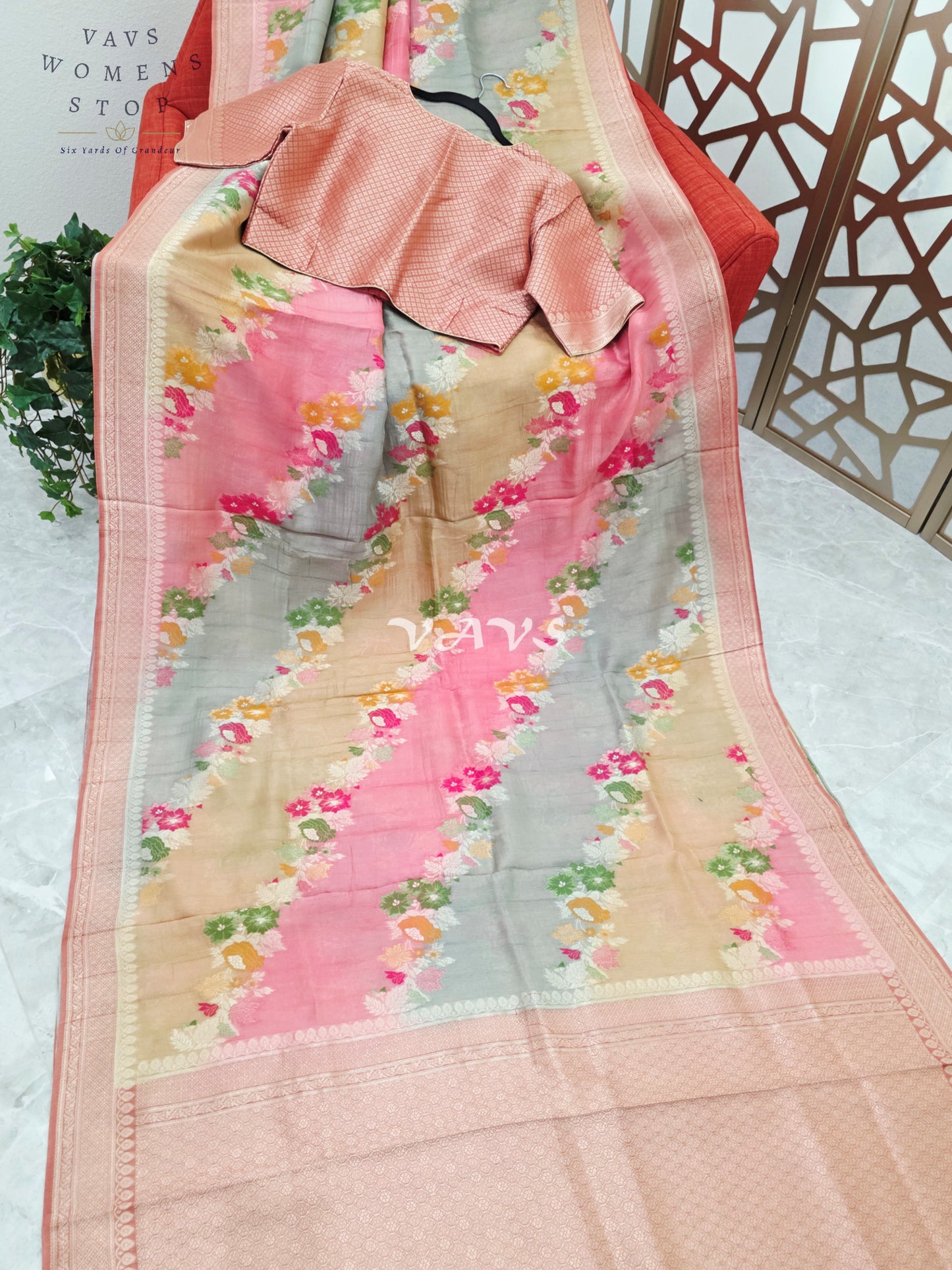 Blush Rose, Champagne & Silver Pure Munga Tussar Silk Floral Saree with Stitched Blouse Size 42–48