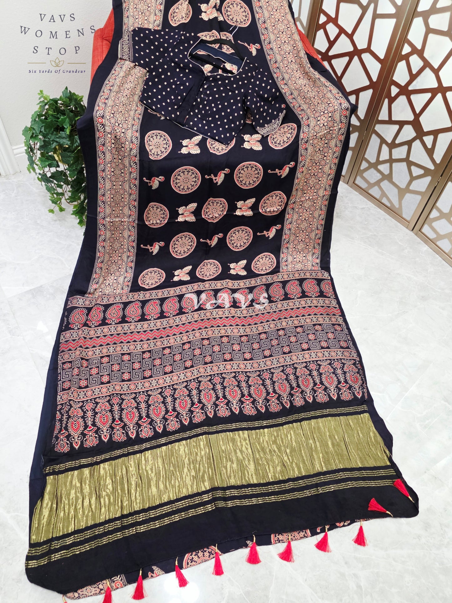 Midnight Black Ajrakh Print Semi Modal Silk Saree with Antique-Gold Pallu & Stitched Blouse Size 36–42