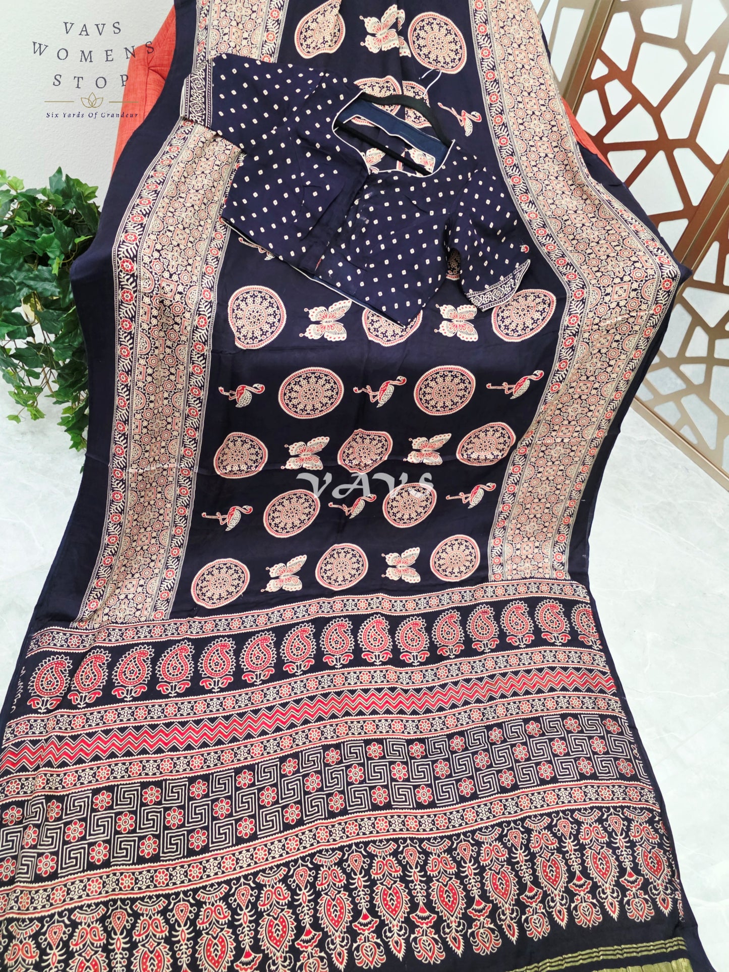 Midnight Black Ajrakh Print Semi Modal Silk Saree with Antique-Gold Pallu & Stitched Blouse Size 36–42