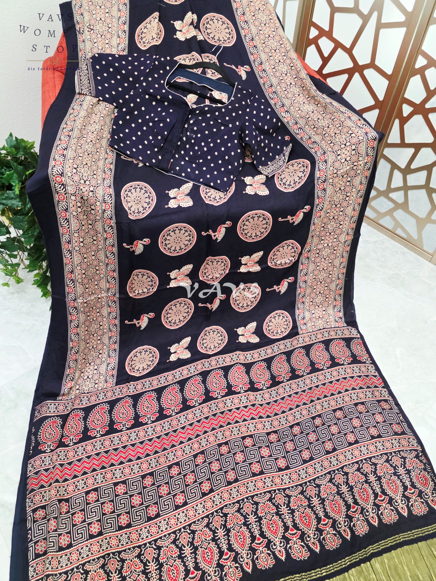 Midnight Black Ajrakh Print Semi Modal Silk Saree with Antique-Gold Pallu & Stitched Blouse Size 36–42