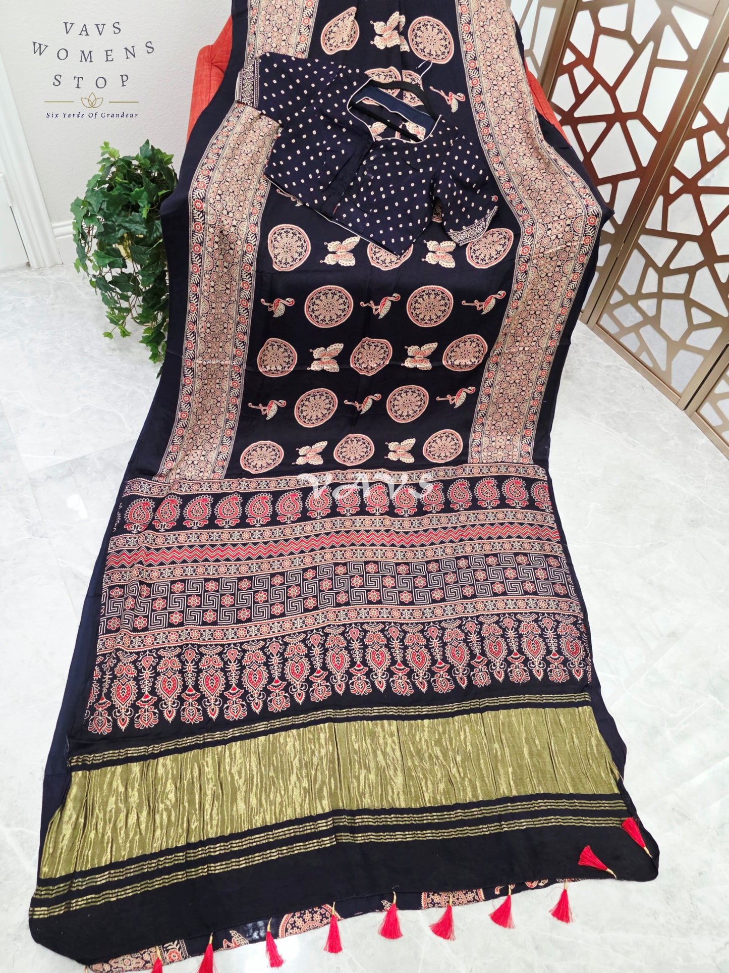 Midnight Black Ajrakh Print Semi Modal Silk Saree with Antique-Gold Pallu & Stitched Blouse Size 36–42