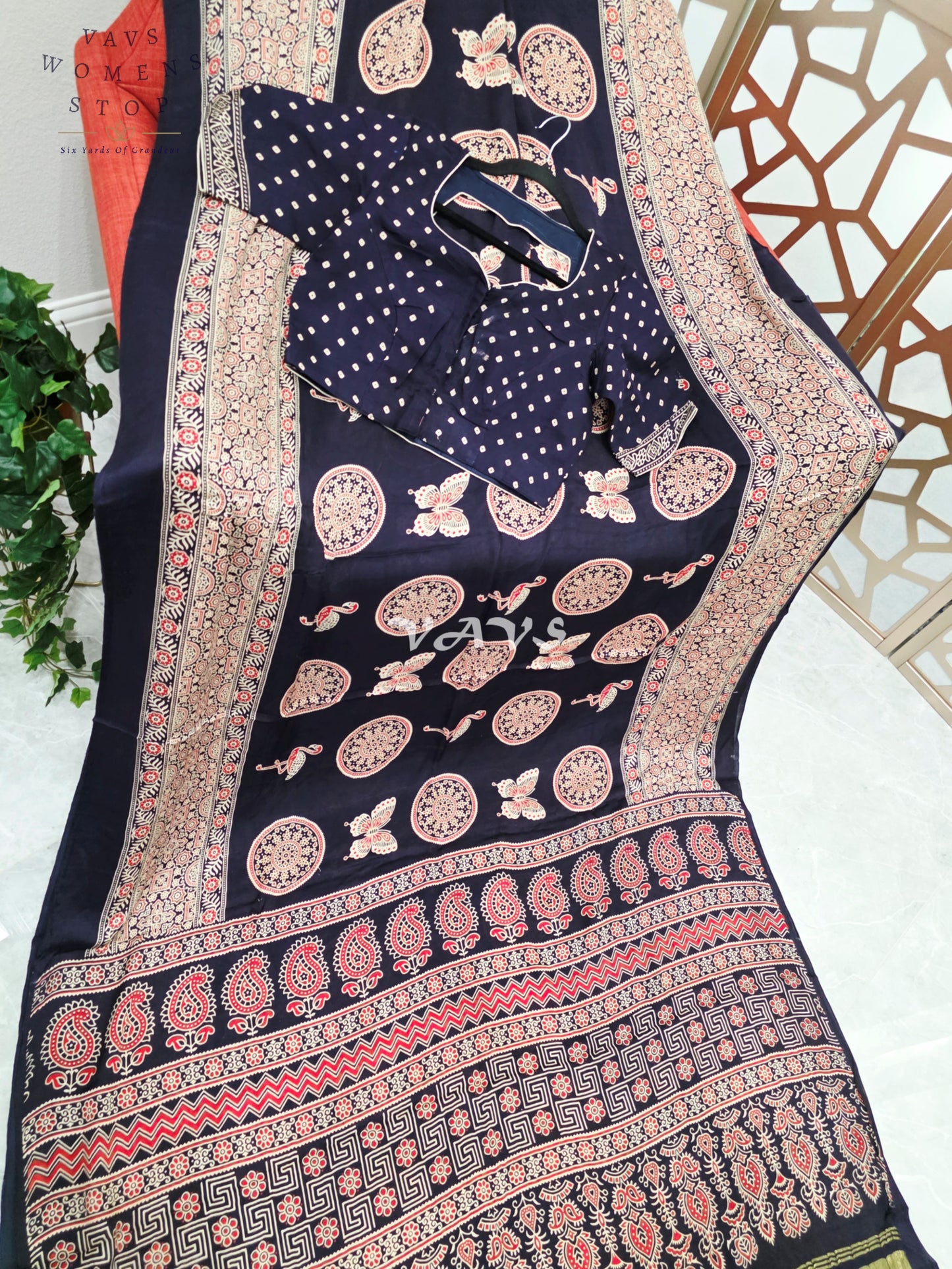 Midnight Black Ajrakh Print Semi Modal Silk Saree with Antique-Gold Pallu & Stitched Blouse Size 36–42