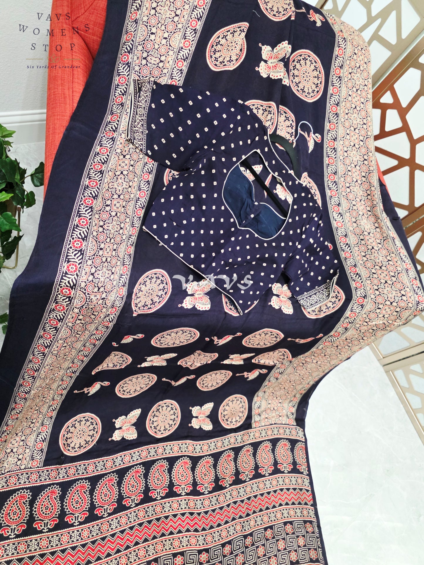 Midnight Black Ajrakh Print Semi Modal Silk Saree with Antique-Gold Pallu & Stitched Blouse Size 36–42
