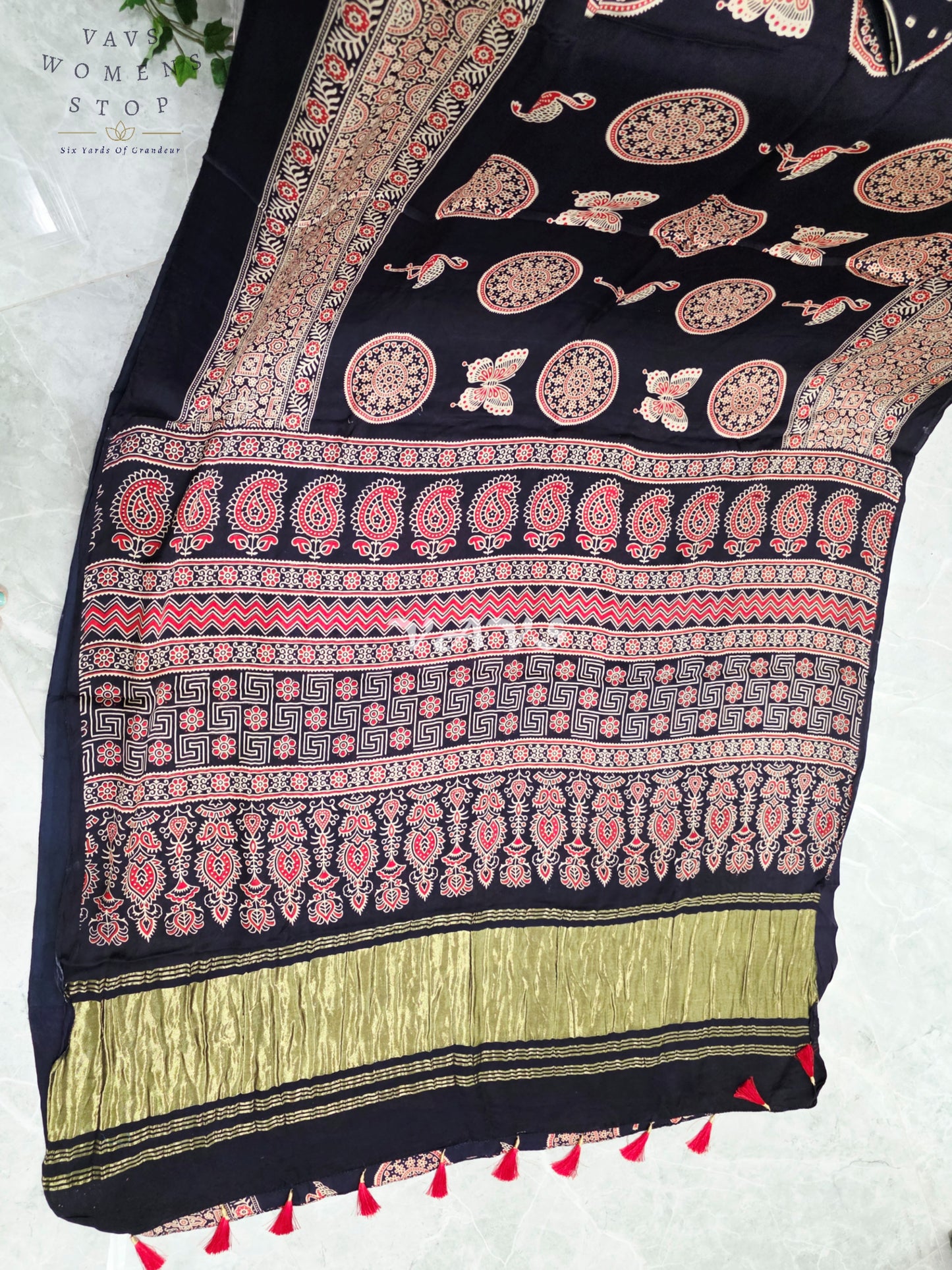 Midnight Black Ajrakh Print Semi Modal Silk Saree with Antique-Gold Pallu & Stitched Blouse Size 36–42