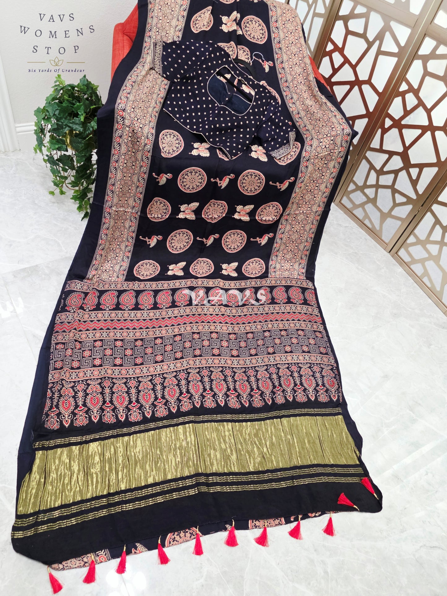 Midnight Black Ajrakh Print Semi Modal Silk Saree with Antique-Gold Pallu & Stitched Blouse Size 36–42