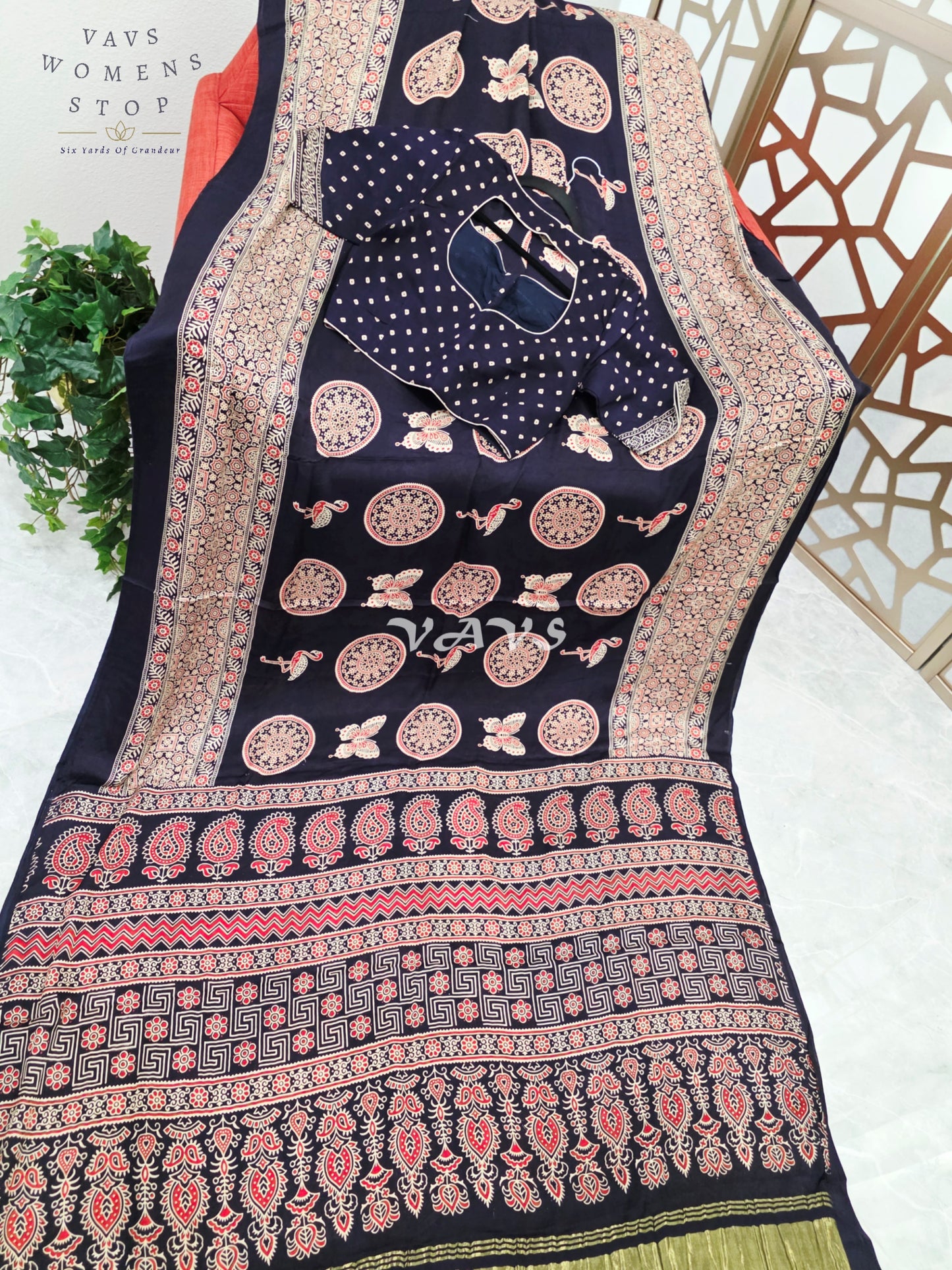 Midnight Black Ajrakh Print Semi Modal Silk Saree with Antique-Gold Pallu & Stitched Blouse Size 36–42