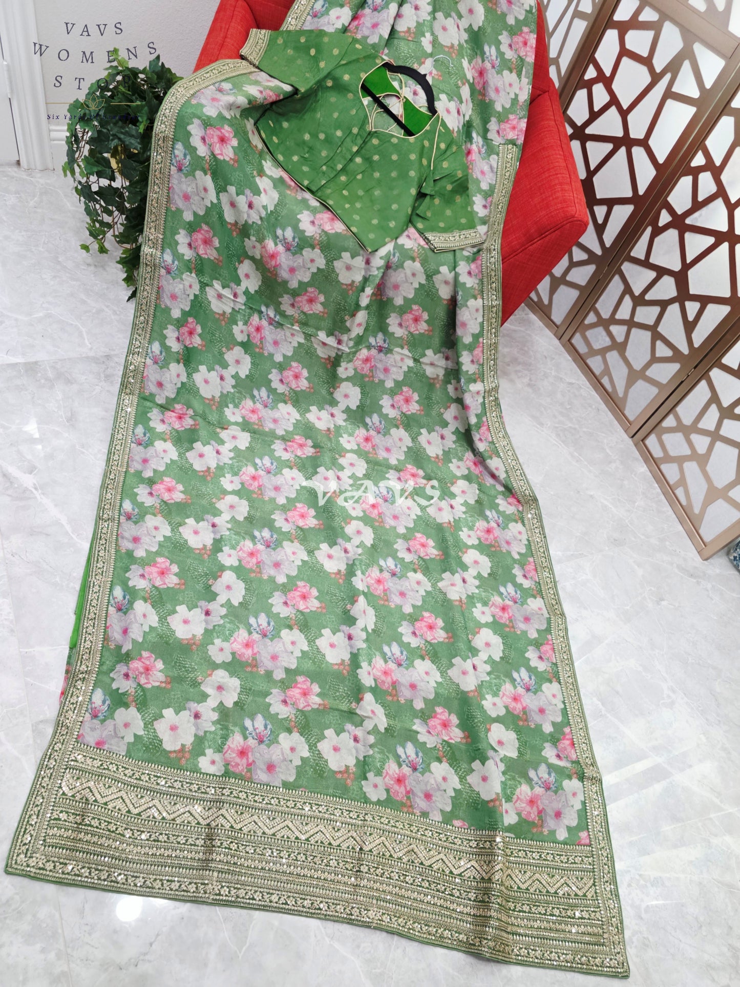Sage Green Viscose Crepe Silk Tissue Saree with Pastel Floral Print, Embellished Lace Border & Stitched Blouse Size 38, Extendable to 44