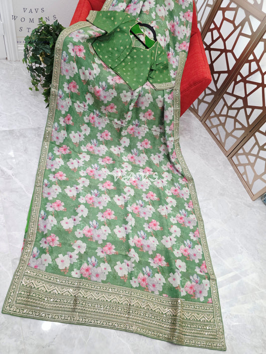 Sage Green Viscose Crepe Silk Tissue Saree with Pastel Floral Print, Embellished Lace Border & Stitched Blouse Size 38, Extendable to 44