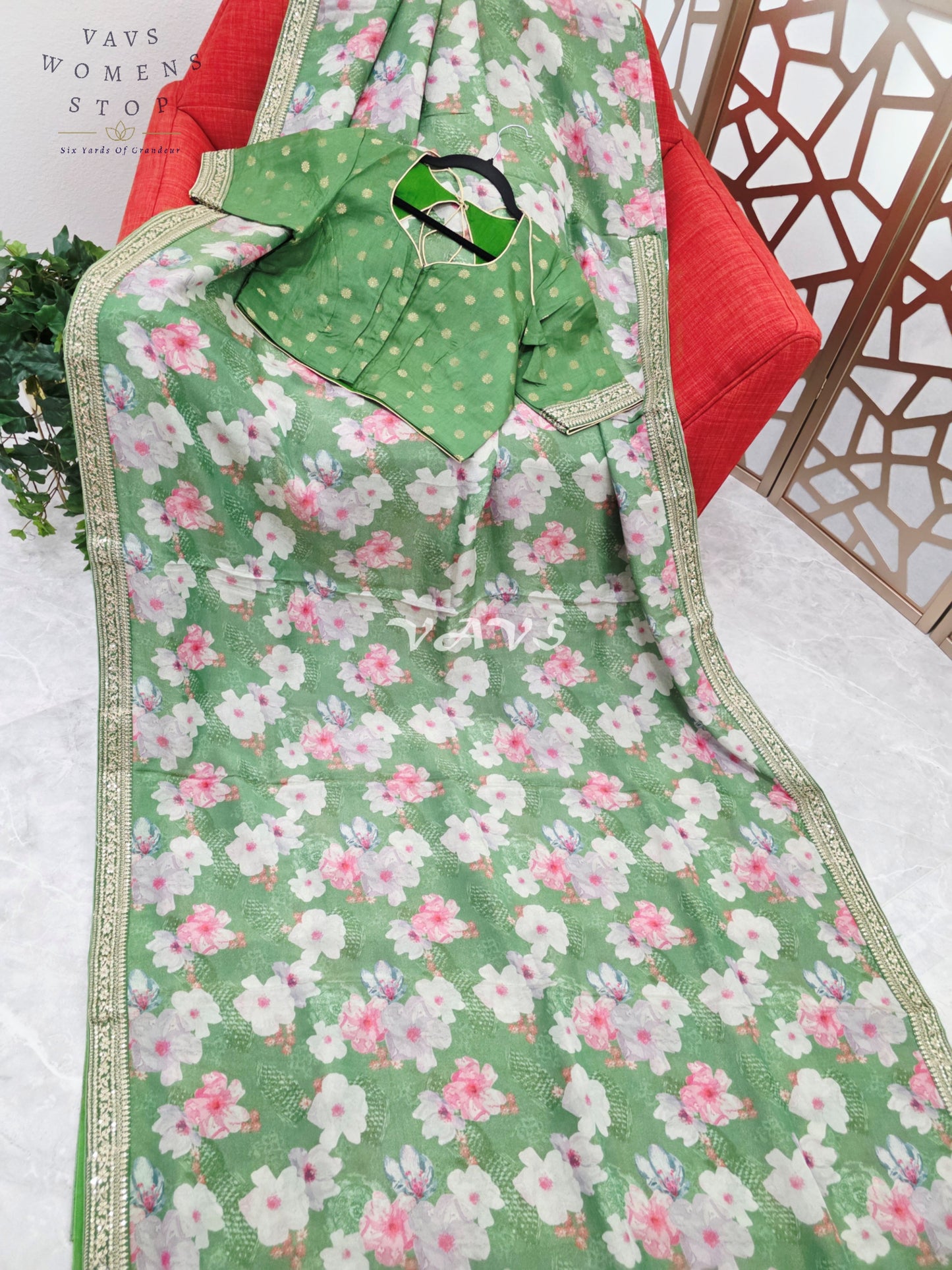 Sage Green Viscose Crepe Silk Tissue Saree with Pastel Floral Print, Embellished Lace Border & Stitched Blouse Size 38, Extendable to 44