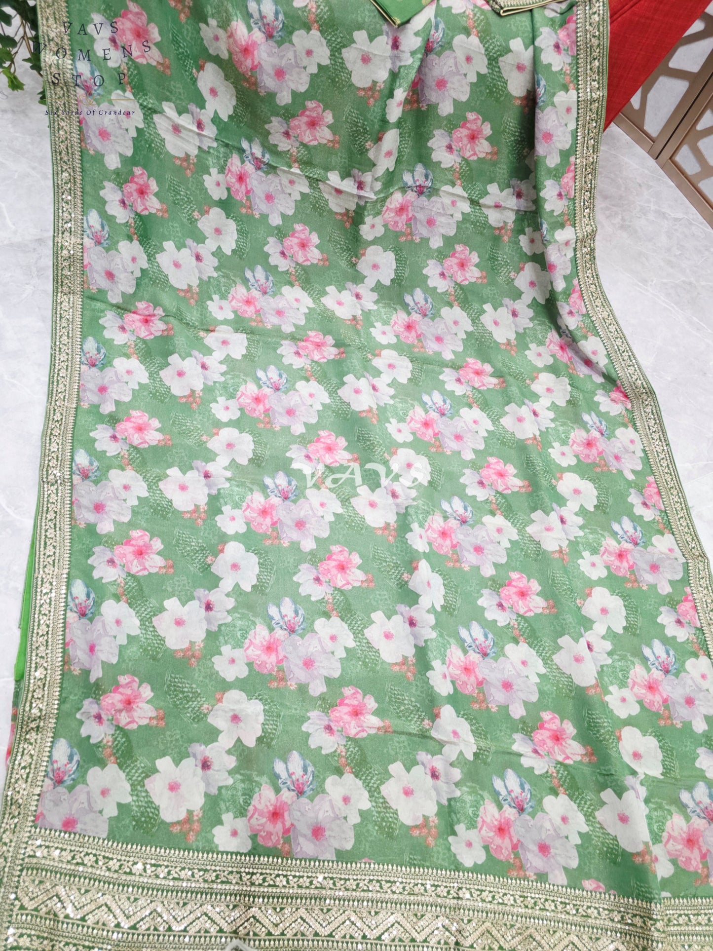 Sage Green Viscose Crepe Silk Tissue Saree with Pastel Floral Print, Embellished Lace Border & Stitched Blouse Size 38, Extendable to 44
