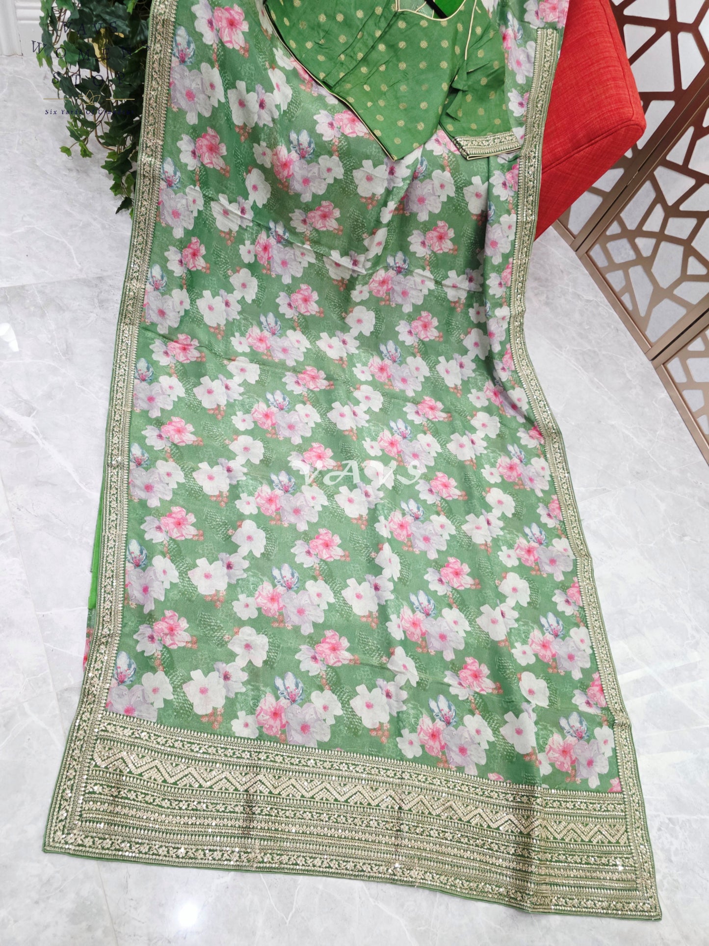 Sage Green Viscose Crepe Silk Tissue Saree with Pastel Floral Print, Embellished Lace Border & Stitched Blouse Size 38, Extendable to 44