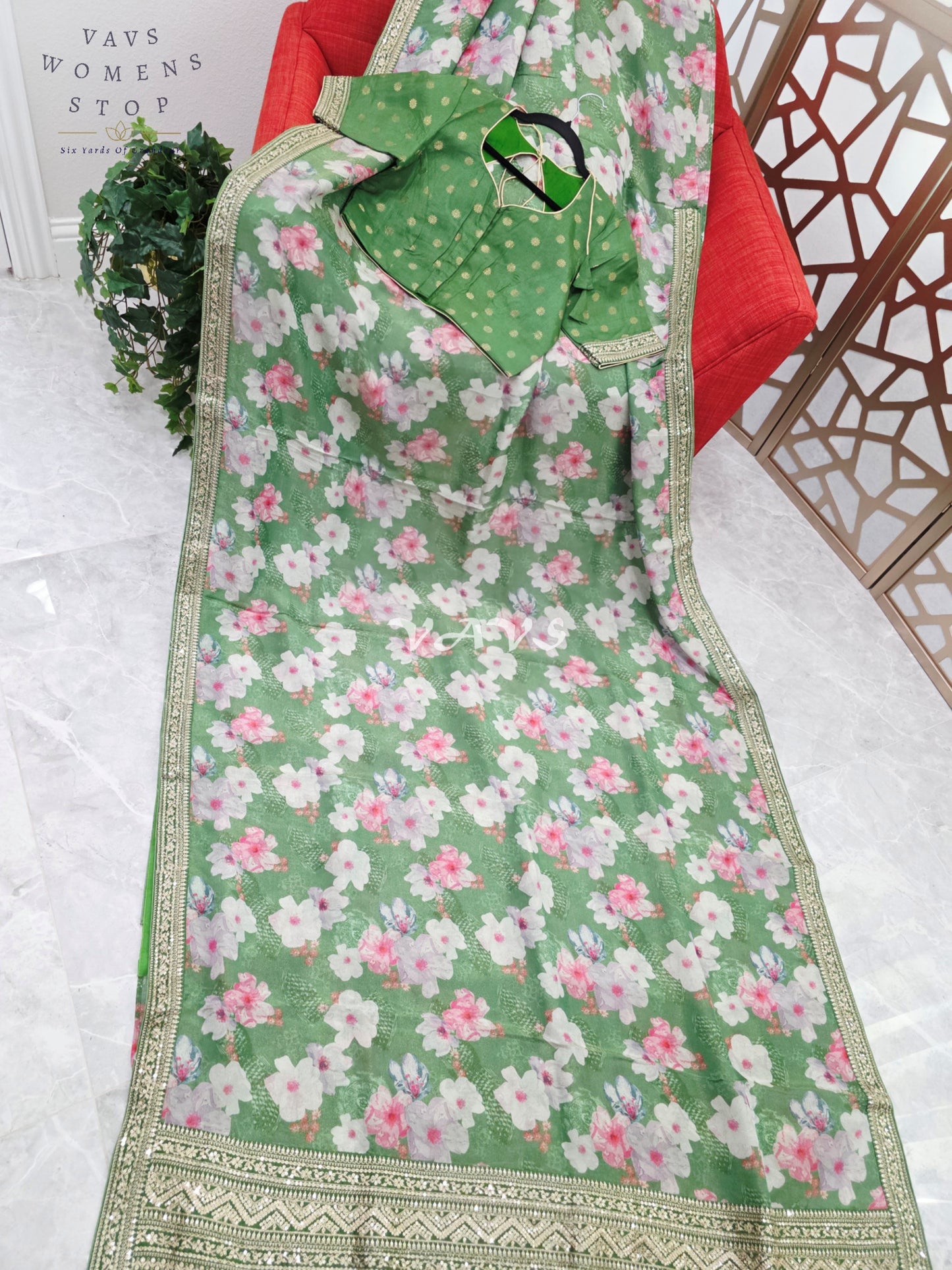 Sage Green Viscose Crepe Silk Tissue Saree with Pastel Floral Print, Embellished Lace Border & Stitched Blouse Size 38, Extendable to 44