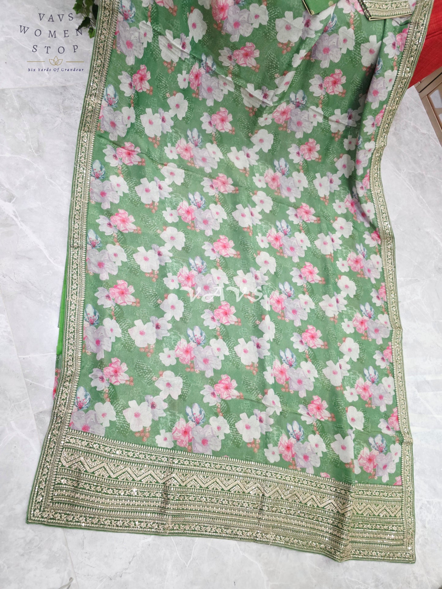 Sage Green Viscose Crepe Silk Tissue Saree with Pastel Floral Print, Embellished Lace Border & Stitched Blouse Size 38, Extendable to 44