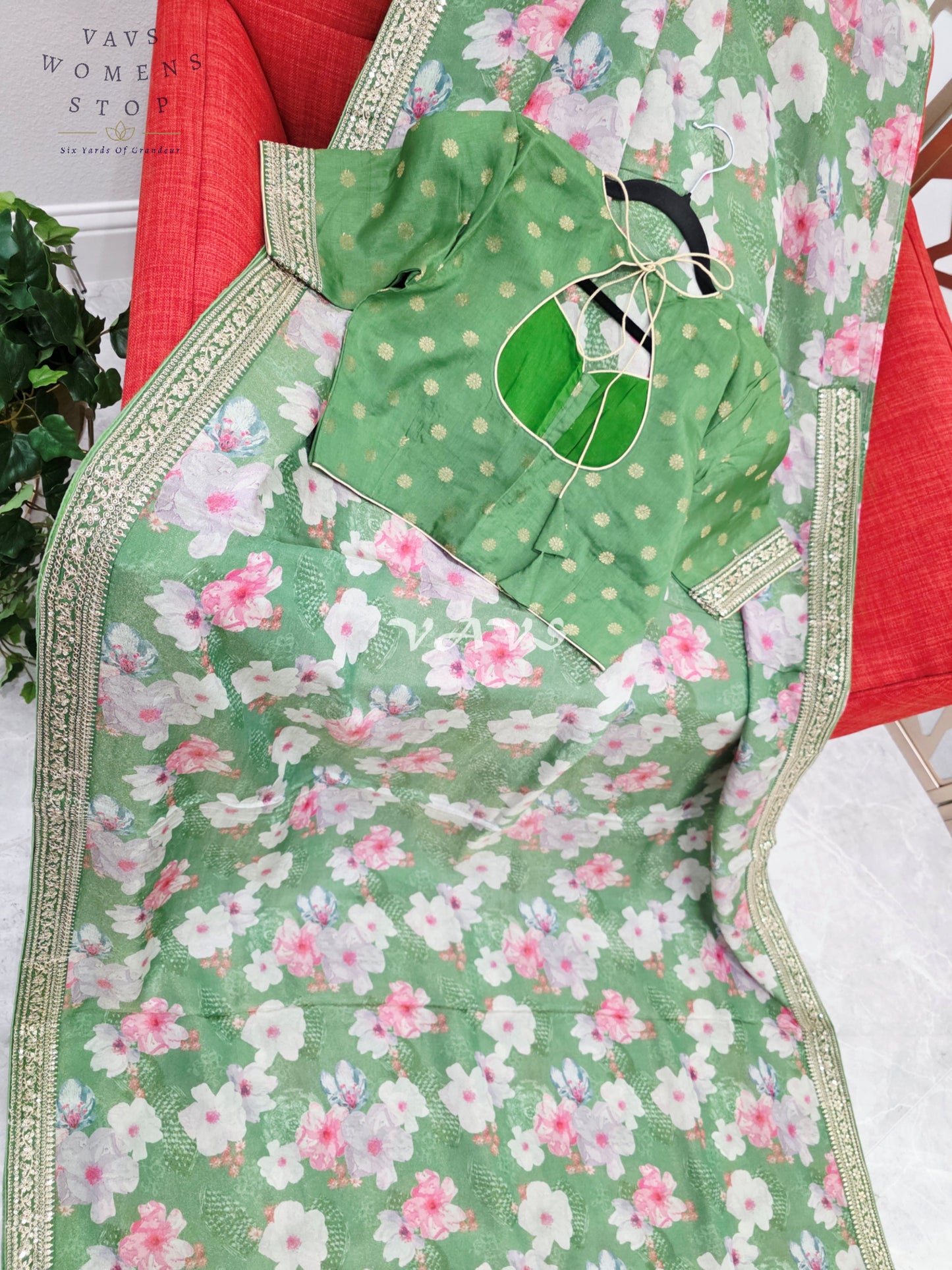 Sage Green Viscose Crepe Silk Tissue Saree with Pastel Floral Print, Embellished Lace Border & Stitched Blouse Size 38, Extendable to 44