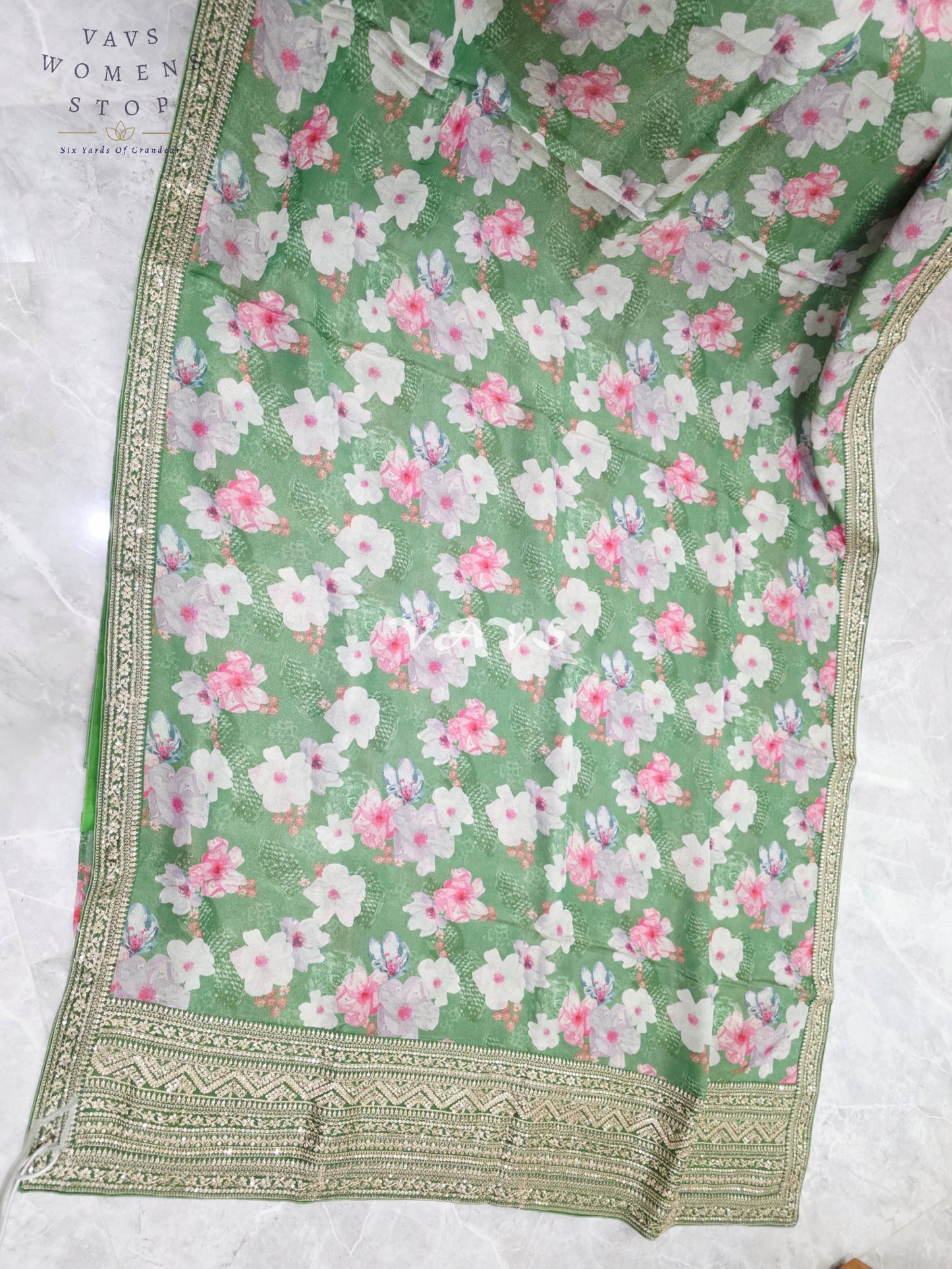 Sage Green Viscose Crepe Silk Tissue Saree with Pastel Floral Print, Embellished Lace Border & Stitched Blouse Size 38, Extendable to 44
