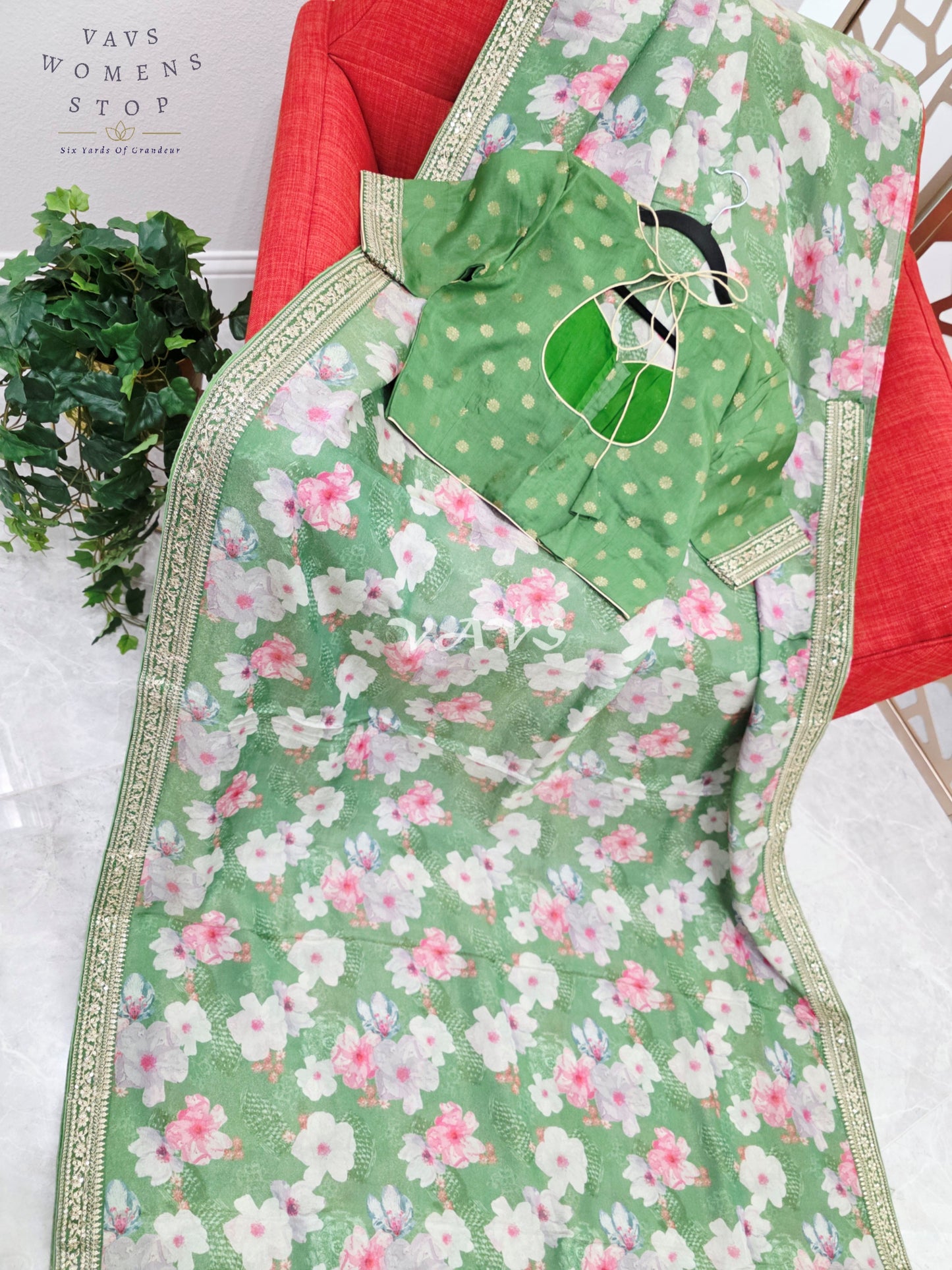 Sage Green Viscose Crepe Silk Tissue Saree with Pastel Floral Print, Embellished Lace Border & Stitched Blouse Size 38, Extendable to 44