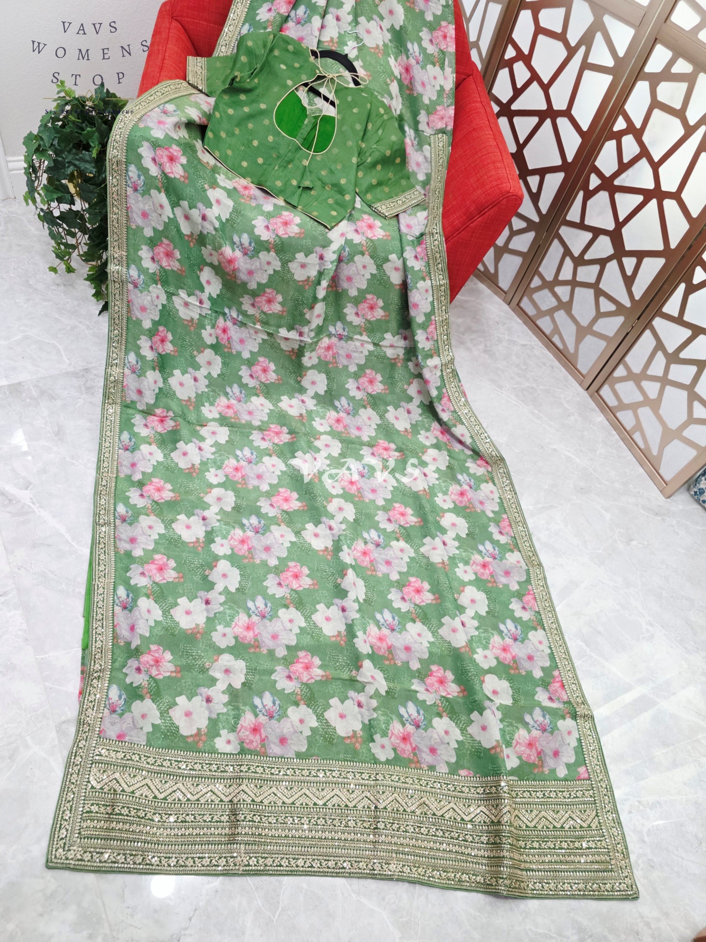 Sage Green Viscose Crepe Silk Tissue Saree with Pastel Floral Print, Embellished Lace Border & Stitched Blouse Size 38, Extendable to 44
