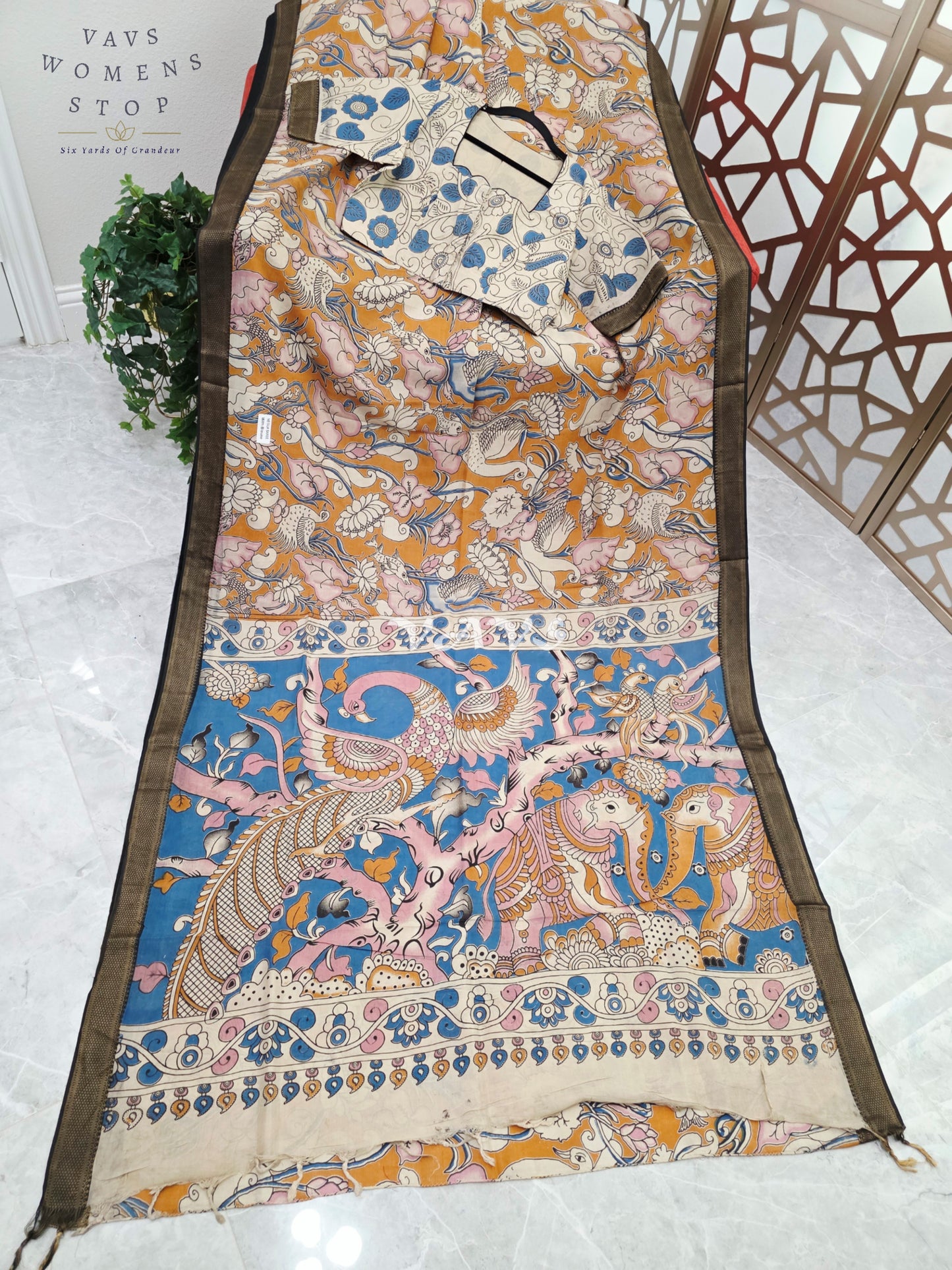 Mustard Gold & Azure Blue Kalamkari Saree with Antique Gold Nizam Border, Peacock Pallu & Stitched Blouse Size 40, Extendable to 46